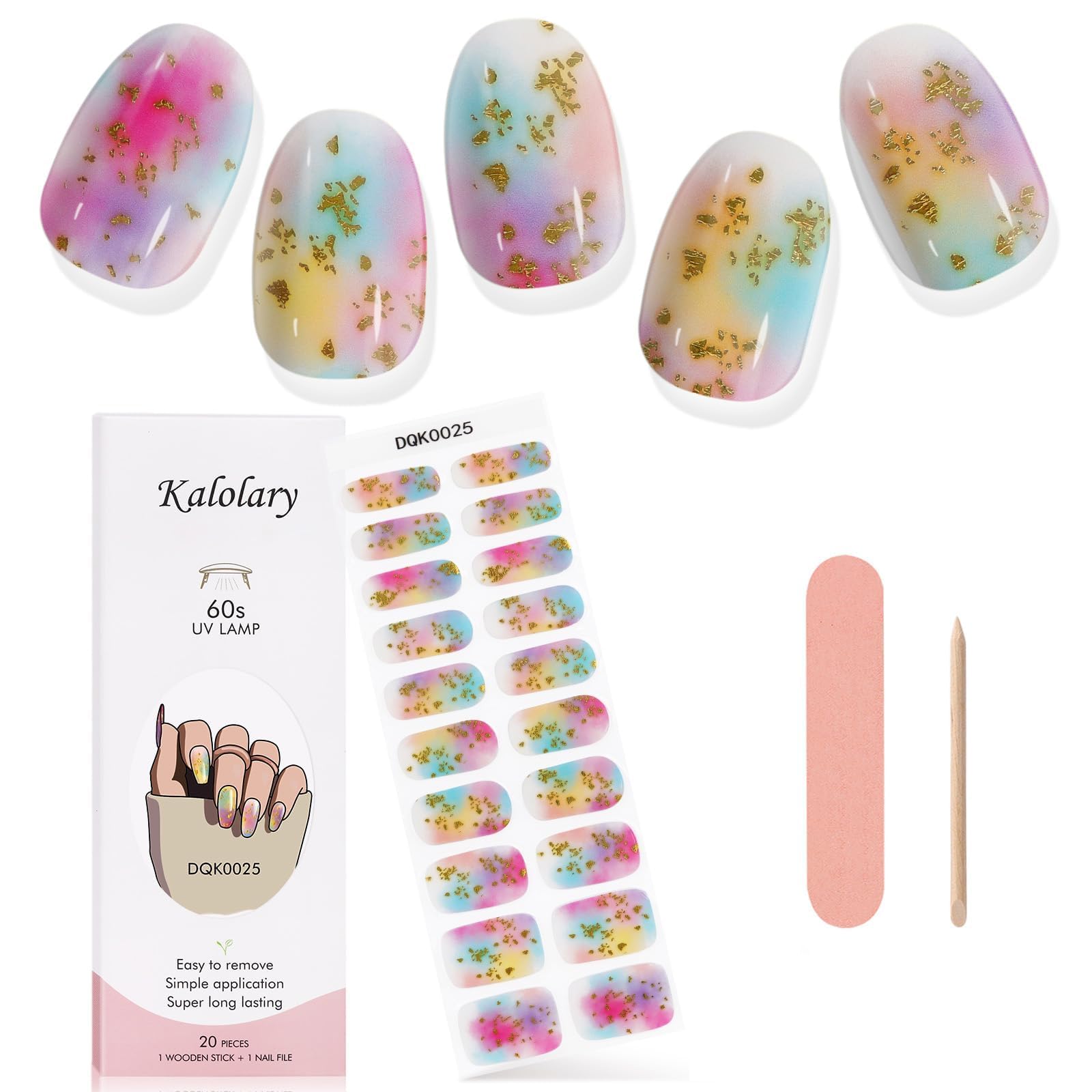 Kalolary Gel de Pegatinas, 20PCS Vistoso Pegatinas Esmalte de Uñas Envoltura Completa Pegatinas de Envoltura de Uñas Autoadhesivas con Lima de Uñas y palo(Requiere Lámpara UV/LED)