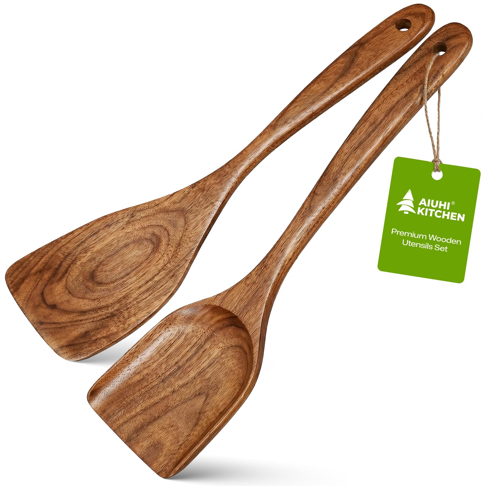 AIUHI 2-Piece Teak Wooden Spatula Set, Wooden Cooking Spatulas for Flipping, Stir-Frying & Serving, Nonstick-Safe Wooden Kitchen Utensils