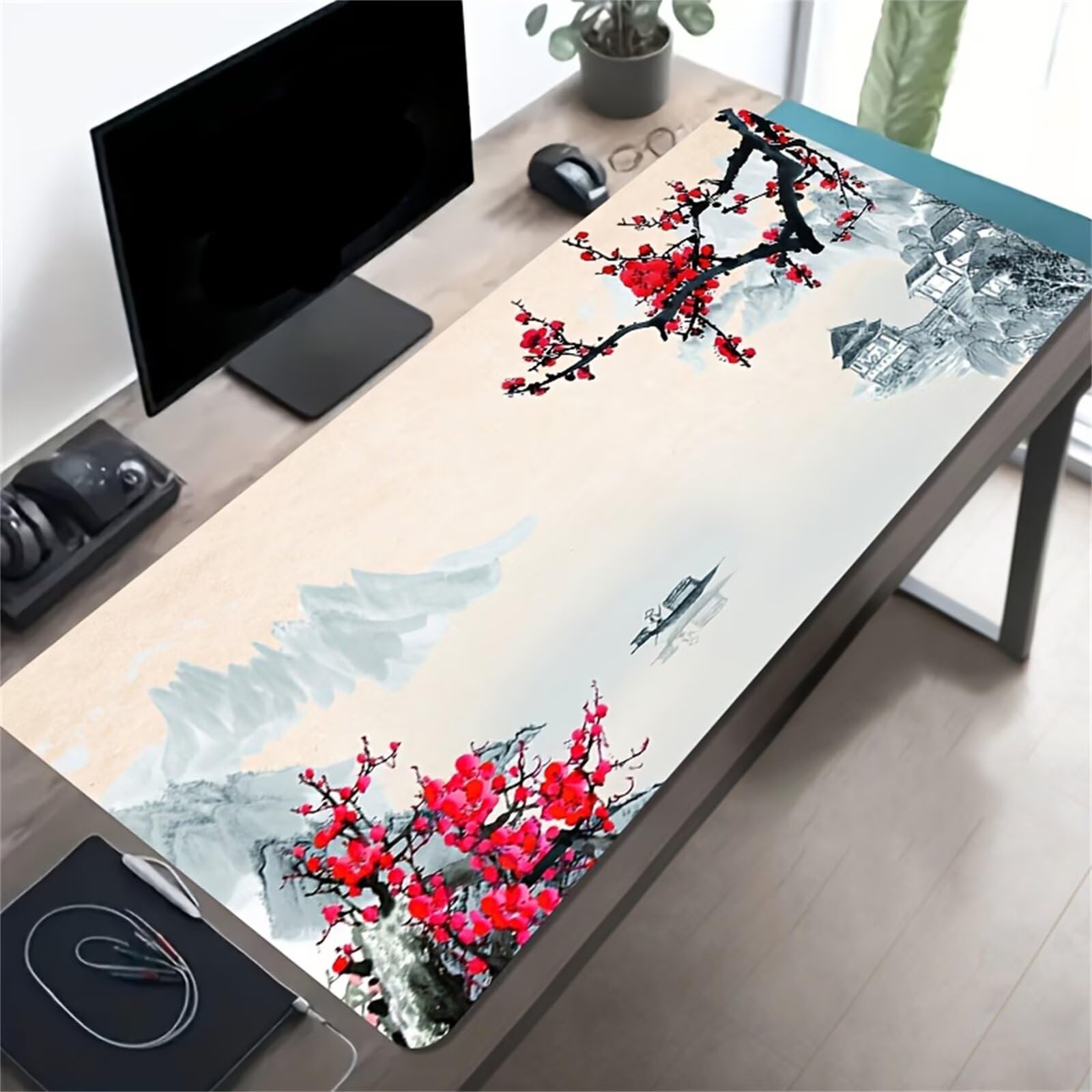 Grand Tapis de Souris de Jeu 1000x500x2 mm Mouse Pad Gaming Peinture L'Encre Japonaise Tapis de Bureau Antidérapant avec Bords Cousus pour Bureau, Études, Gamer