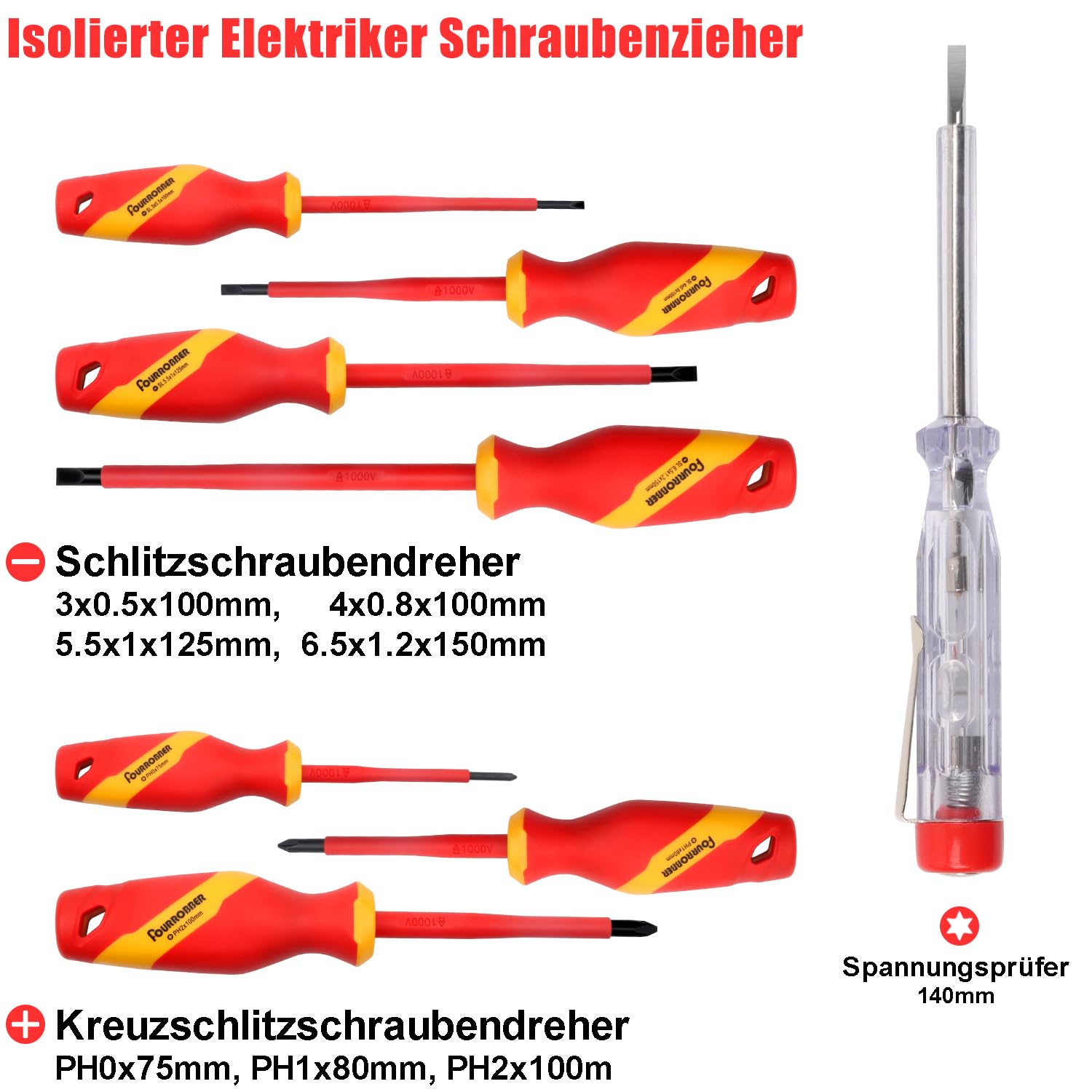 VDE 13 Cacciavite 1000V con tester di tensione, fessura Philips, striscia isolante in gomma