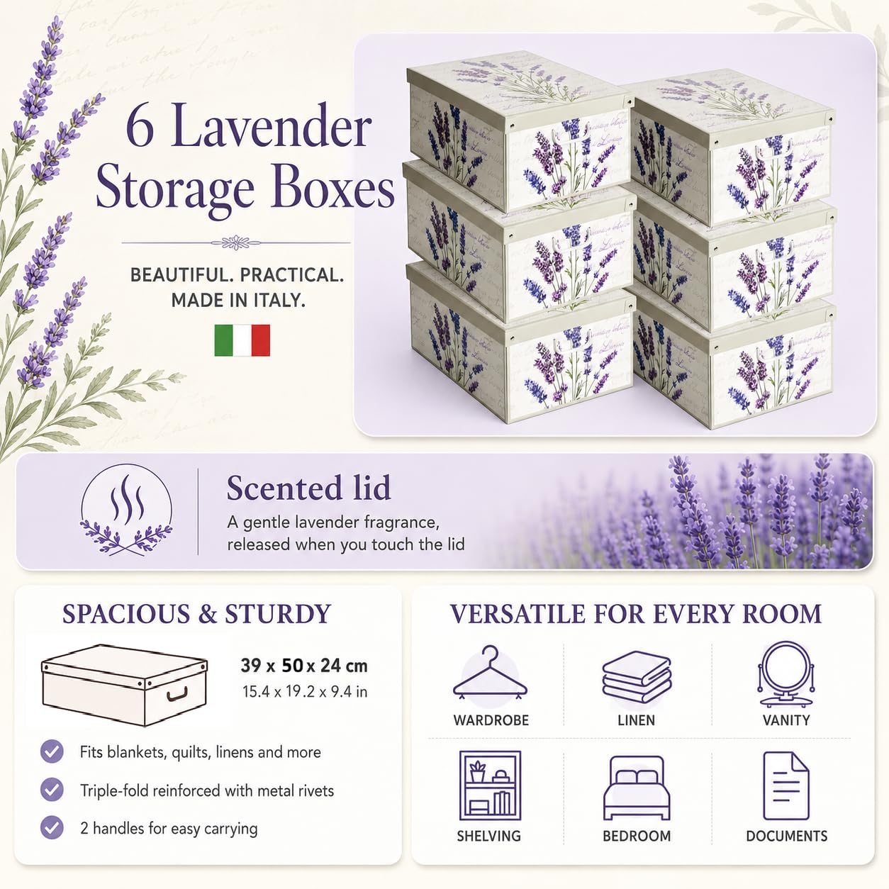Set aus 6 Aufbewahrungsboxen mit Deckel – Große Kleiderboxen aus Karton 39x50x24 cm – Robust, leicht zu montieren, mit Tragegriffen – Perfekt für Kleiderschrank & Saisonwechsel Lavendel