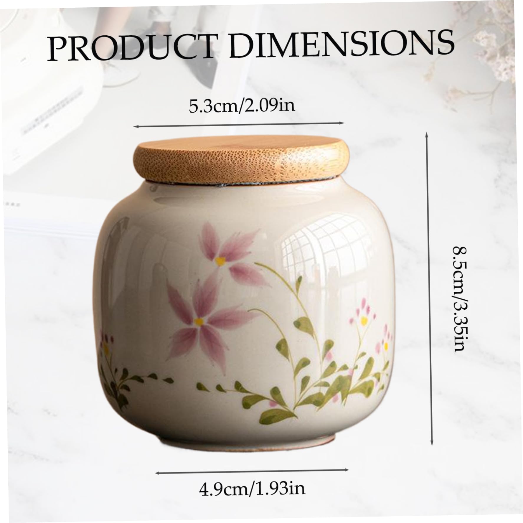 Ceramic Floral Keepsake Urn 3x2 in with Dampproof Bamboo Lid, Mini Human Ashes Memorial Urn & Tea Canister for Pets, Loved Ones & Home Decor