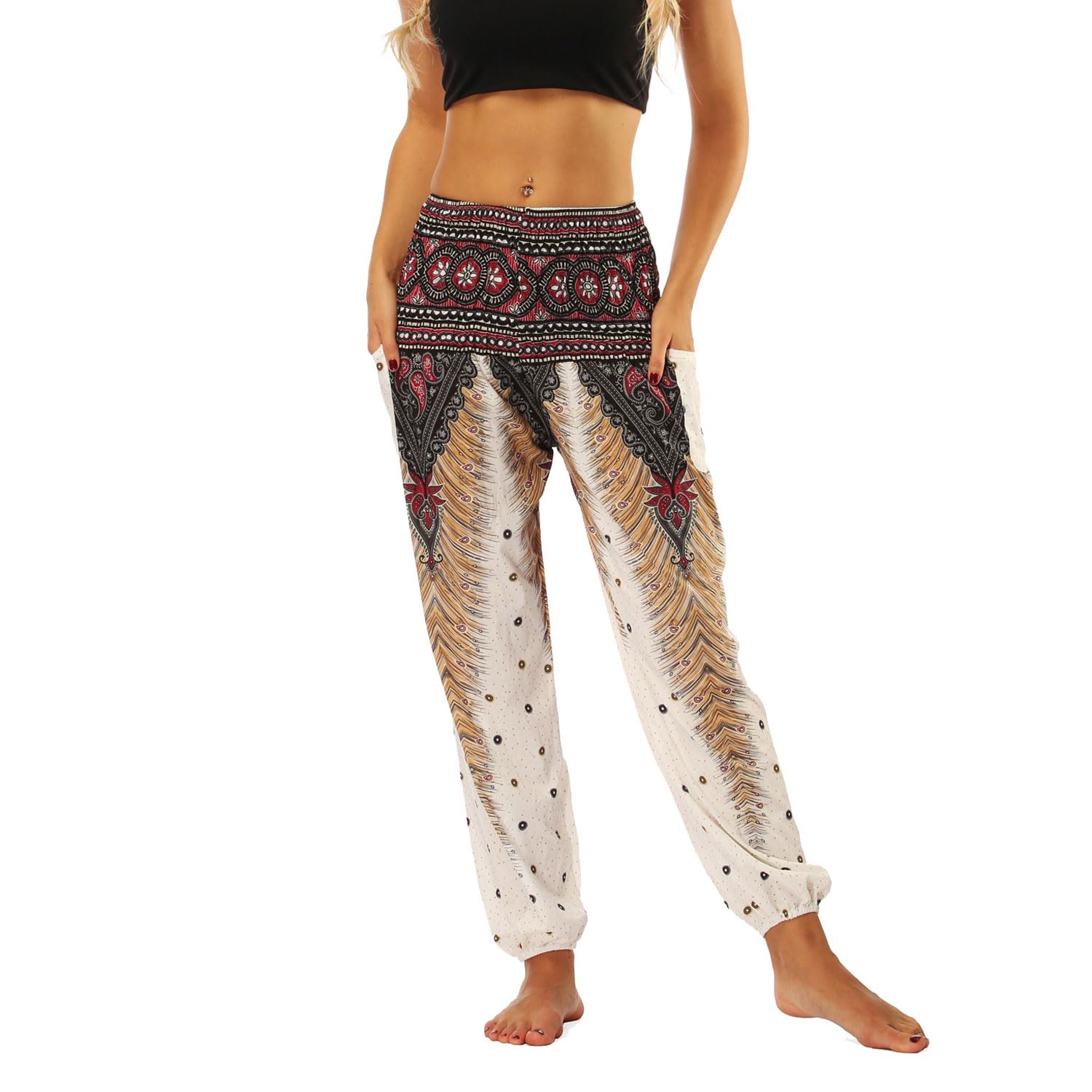 Lu's Chic Pantalones bohemios para mujer, cintura fruncida, yoga, hippie, palazzo, verano, playa
