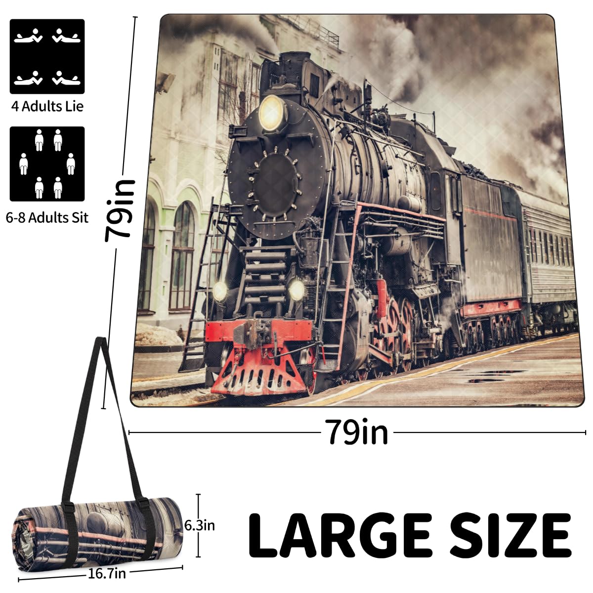 Shimoshe Extra Large Picnic Blankets 79”x 79”, Vintage Express Steam Train Waterproof Foldable Picnic Mat with Straps Portable Beach Blanket for Camping Park Grass Beach Indoor