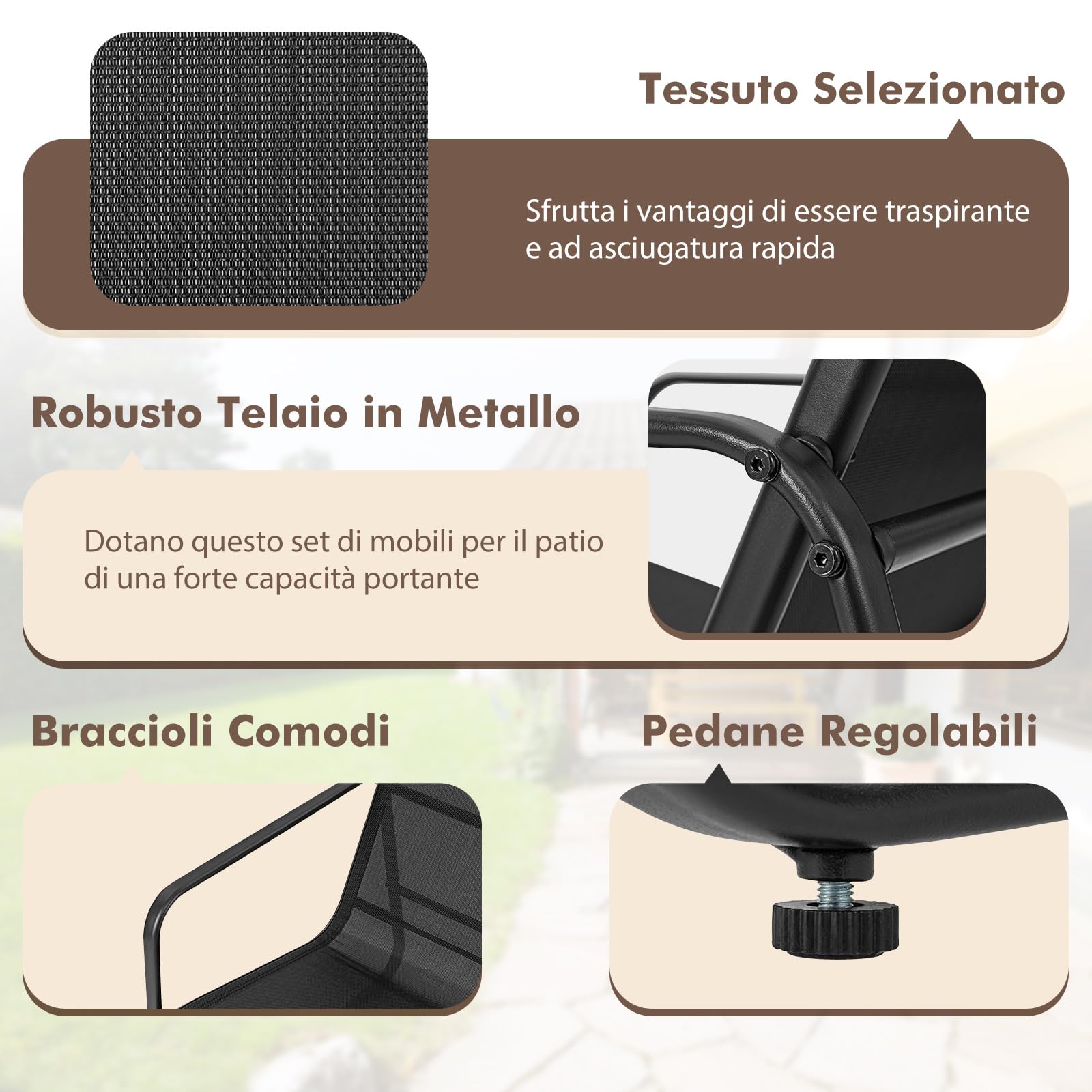 COSTWAY Set Tavolo e Sedie da Giardino 4 Pezzi, Tavolino in Vetro Portato 50 kg, Sedie Portata 150 kg, Panca Portata 300 kg, Set Bistro in Tessuto Textilene, per Cortile Terrazza Piscina (Nero)