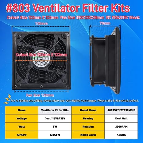#803 Black 150x150mm Ventilator Filter Kit for Enclosure Cabinets, 120mm x 38mm AC/EC Fan, 115V/230V, Dustproof and Waterproof