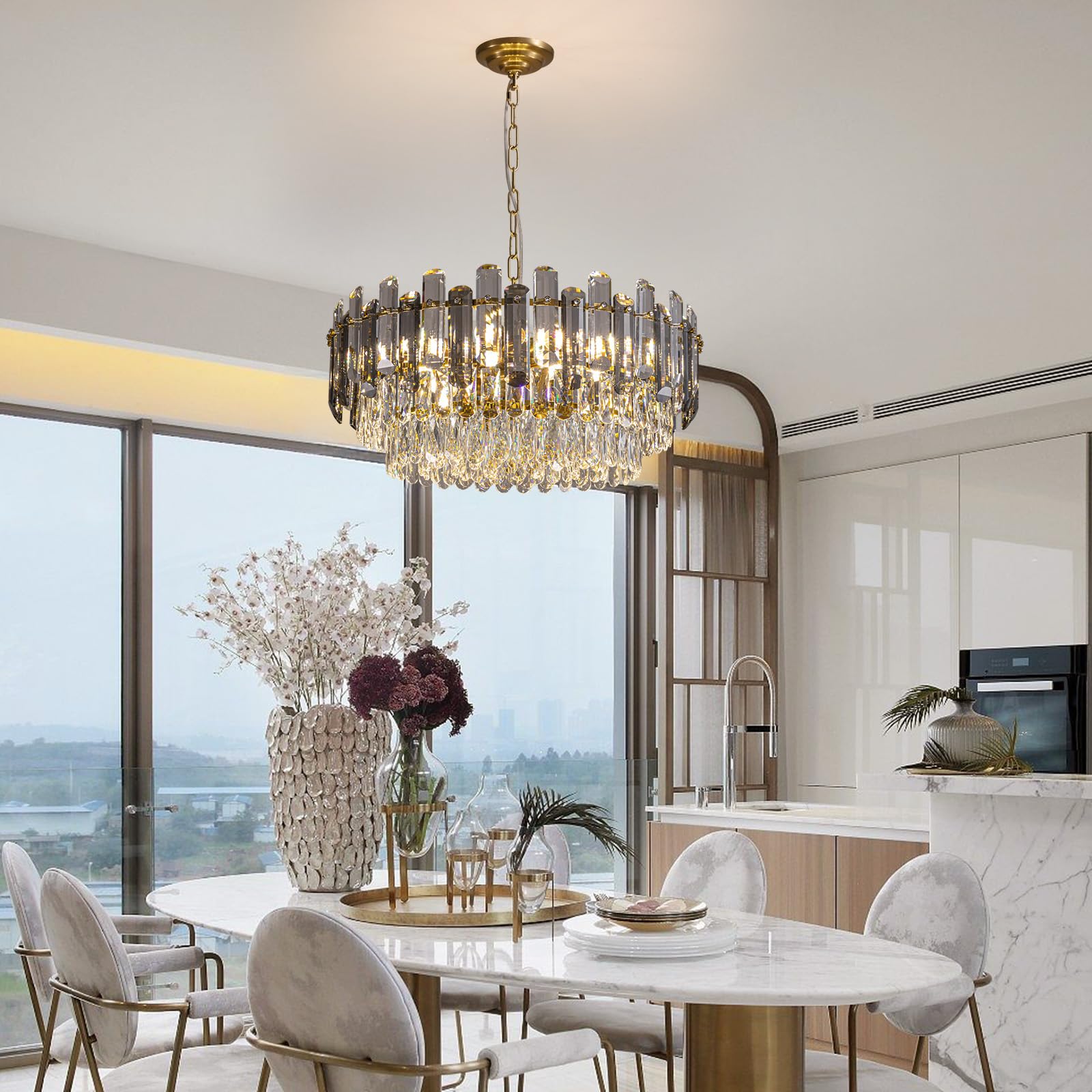 7PM Gold Crystal Chandeliers, 24-inch 4-Tier Modern Crystal