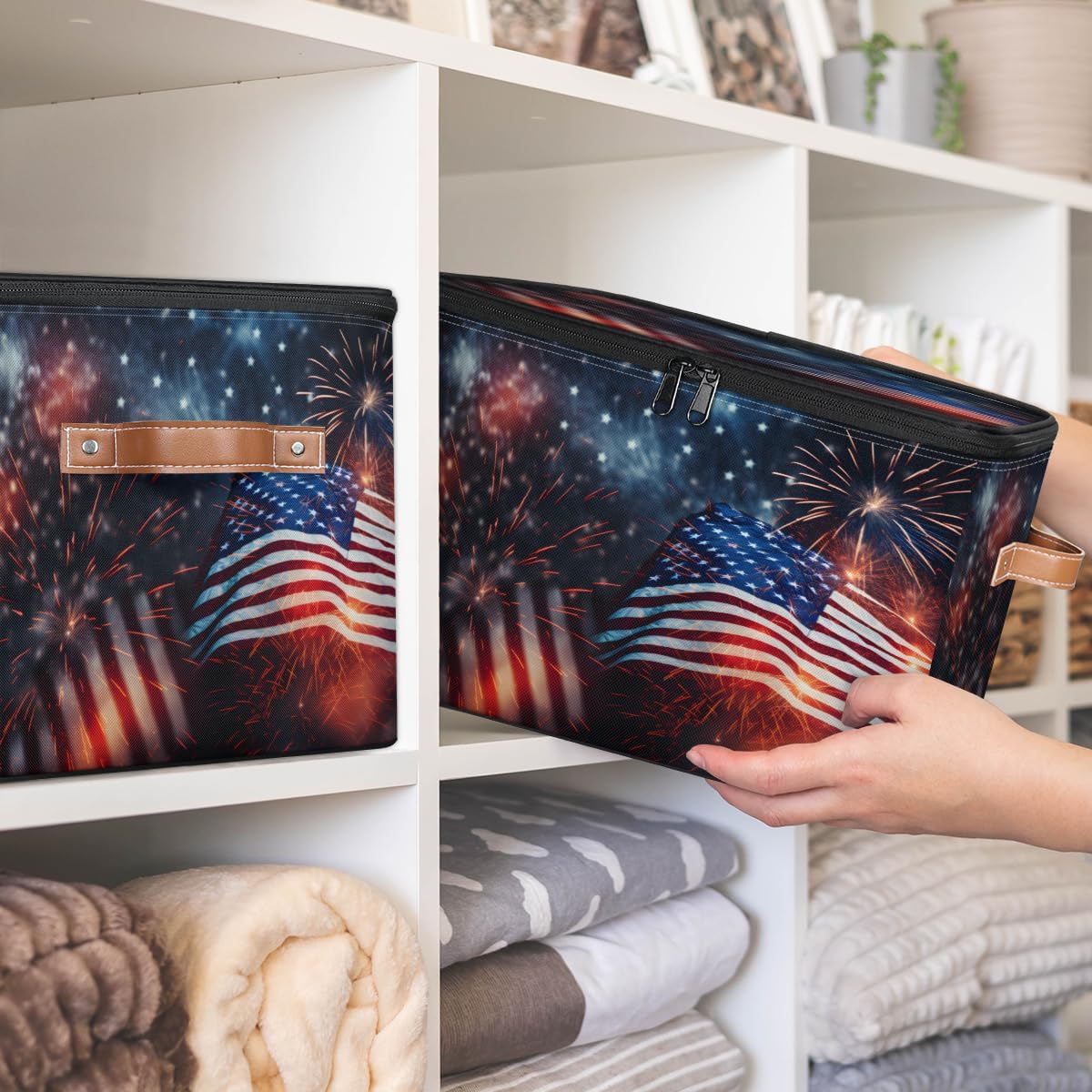 Storage Bin Set of 2 Independence Day Flag Storage Basket with Zipper Lid & Handle Foldable Closet Shelf 2 Pack Cloth Organizer Basket Cube Bins Clothes Organizer for Nursery, Bedroom