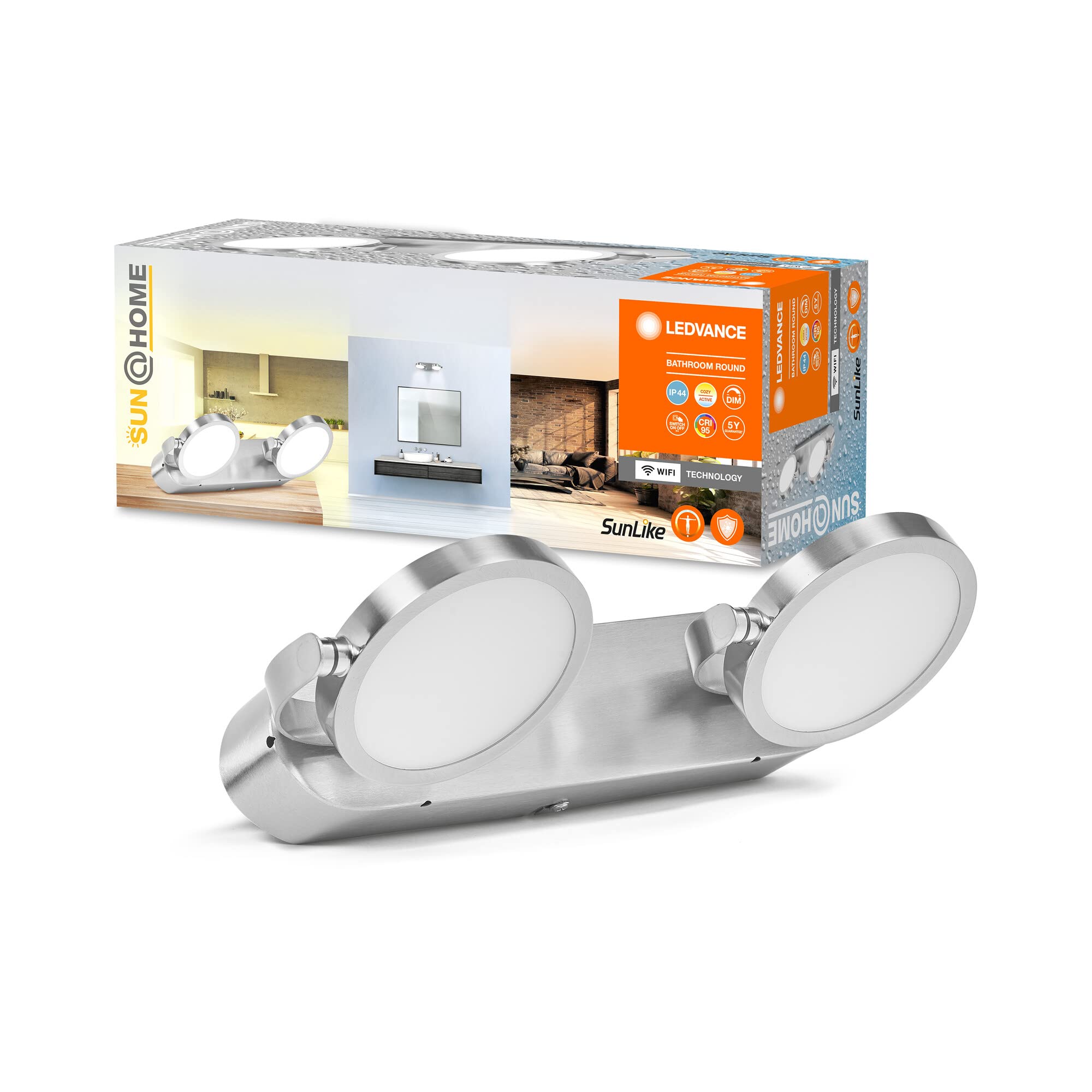 LEDVANCE SUN@HOME Bathroom Round lampada da bagno 300mm IP44, 14W, 1040lm, luce bianca regolabile (da 2200K a 5000K), dimmerabile, adatta automaticamente la luce al bioritmo, protezione IP44, cromo