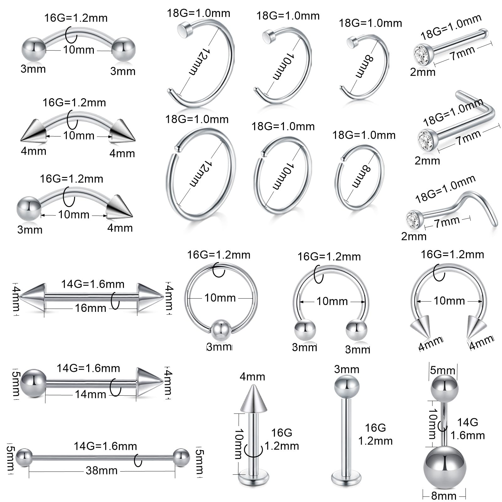 WillTen 100 szt. Zestawy do piercingu do wszystkich piercingu, 12G 14G 16G Piercing Igły Narzędzia do nosa Septo Pępek Usta Język Chrząstka Ucho Tragus Helix Piercing z Piercing Jewelries, klein