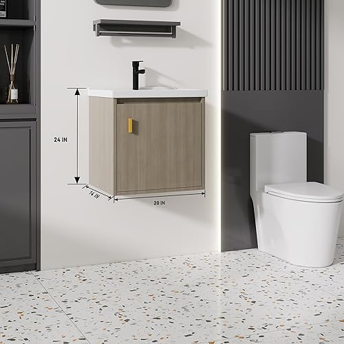 Miniatura 2 de Tocador de baño pequeño de 20 pulgadas montado en la pared, pequeño tocador de baño con fregadero de cerámica, tocador de baño moderno con cajones