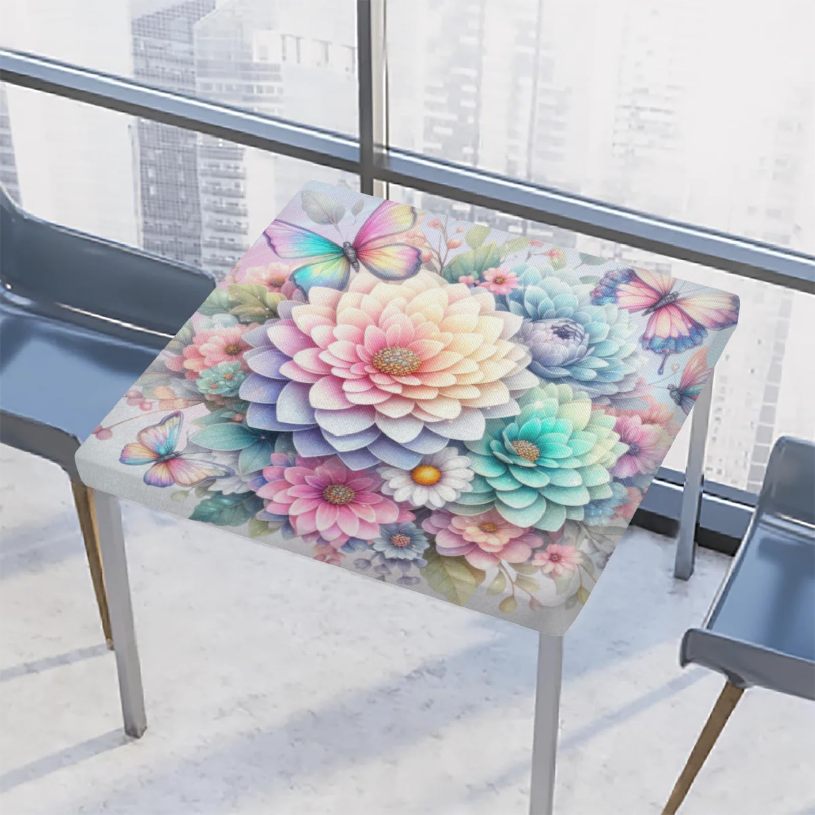 cfpolar Rainbow Flower Square Tablecloth with Elastic Edge Fitted Table Cloth Waterproof Wipeable Square Table Cover for Dining Kitchen Party Indoor