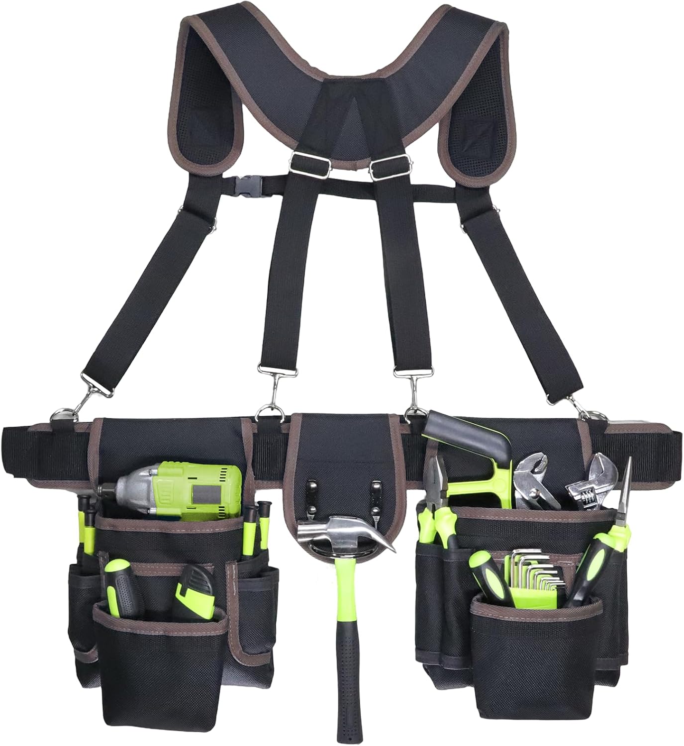 Tool Belt, Tool Belts for Men, 32 to 66 Inches Adjustable Waist, Electrician and Carpenter Tool Belt with Suspenders for Construction and Gardening, Black and Brown
