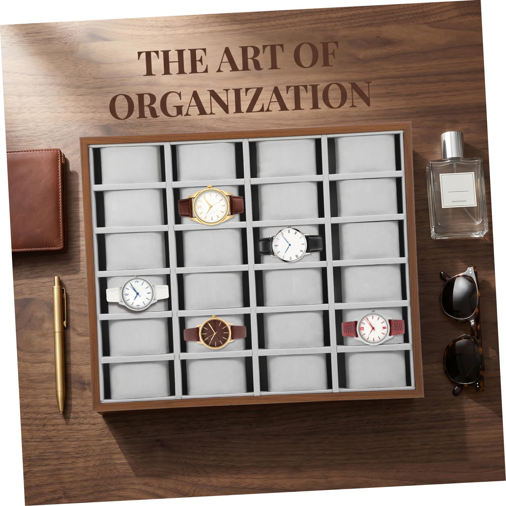 Organizador de relojes caja de exhibición de relojes de madera 24 posiciones para tienda y uso personal bandeja de almacenamiento 1 pieza