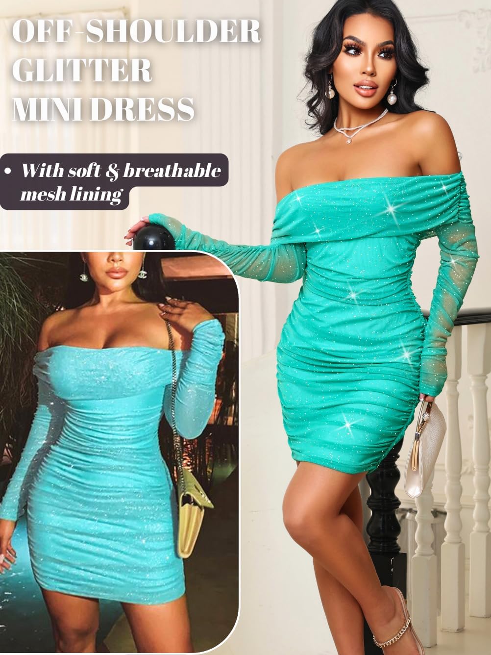 Kaei&Shi Sparkly Off Shoulder Dress,Mesh Long Sleeve Ruched Bodycon Corset Dresses Women,Sexy Birthday Outfit Club Going Out - Image 2