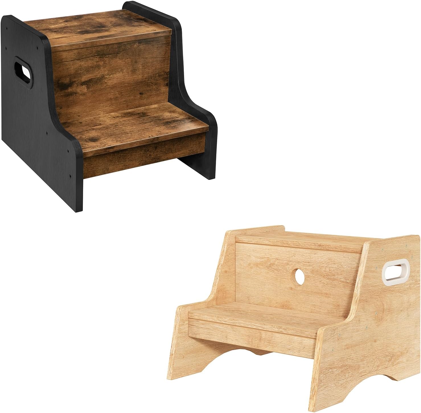 HOOBRO Step Stool for Kids Bundle, Wooden Two Step Toddler's Stool, Kids Potty Training Stool, Non-Slip Pads for Safety with Handles, Easy to Move, for Sink, Bathroom, Bedroom, BF01JD01G1-NL05JD01