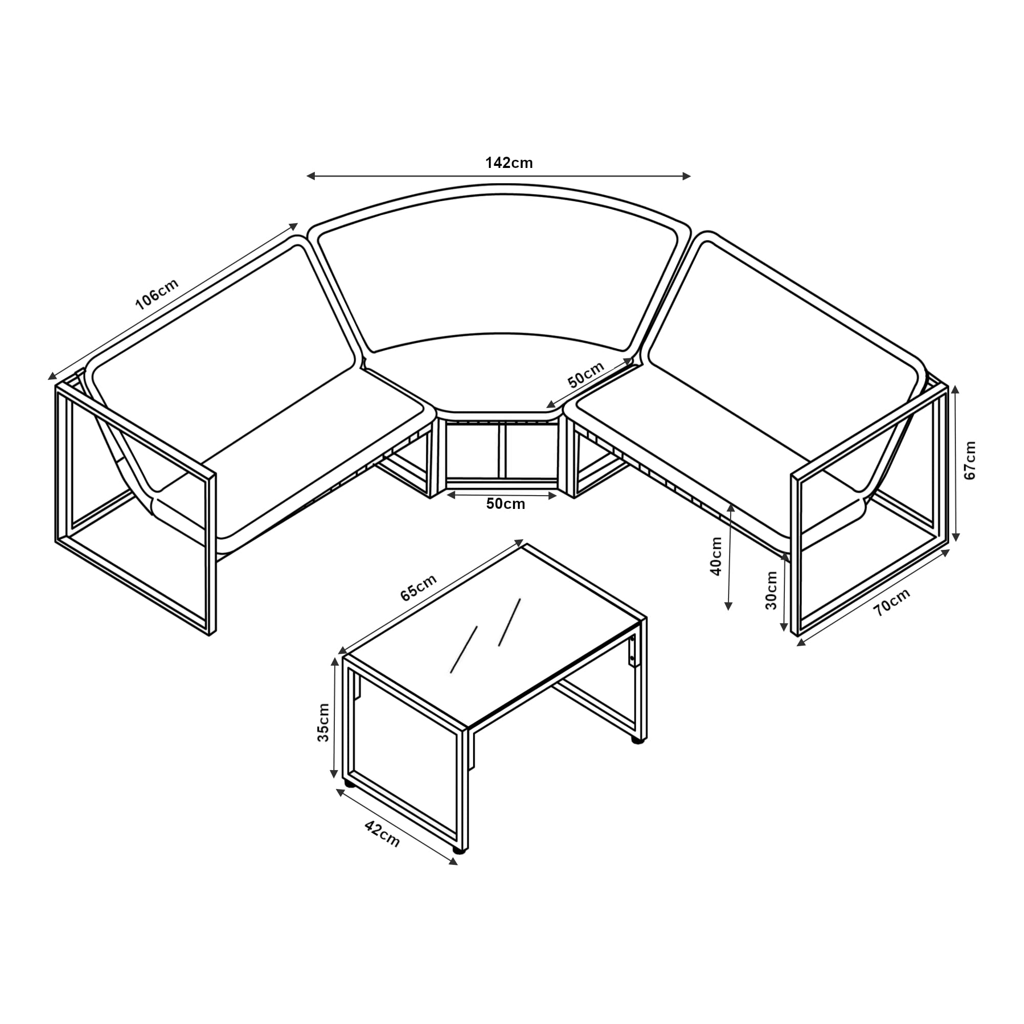 casa.pro Set Salottino per Esterno Set Mobili da Giardino Divano Modulare a 3 pezzi e Tavolino con Piano in Vetro Nero Arredo per Terrazza Patio - Grigio Scuro