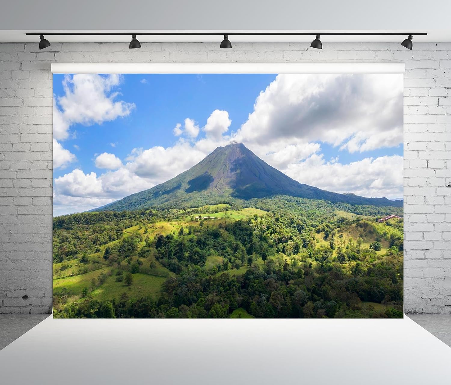 10x8ft Fabric Natural Scenery Backdrop Costa Rica Smoking Volcano Arenal Blue Sky Background Spring Green Mountain Photo Booth Kids Adults Photo Studio Props