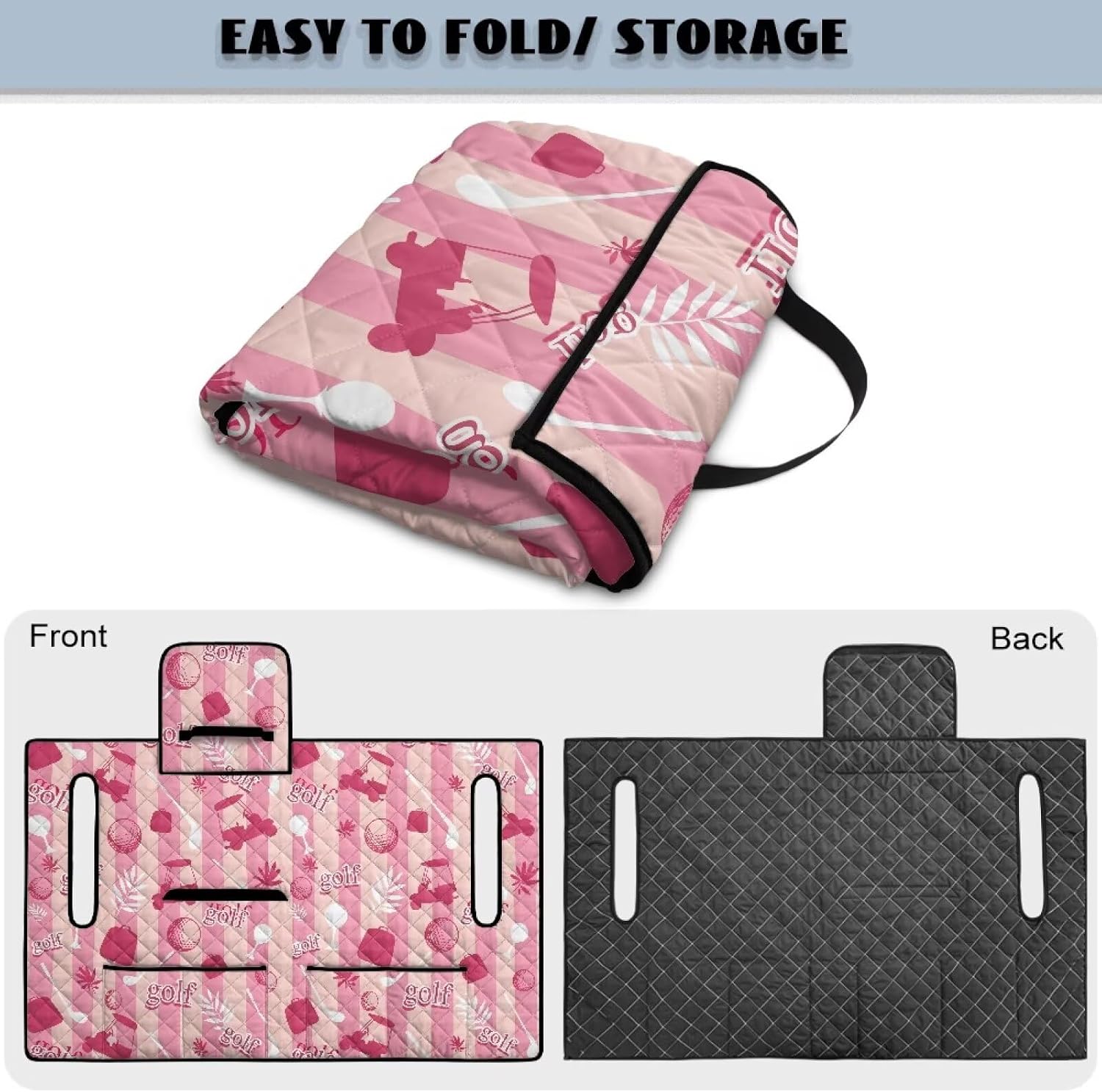 Rnyleeg Pink Stirpe Golf Cart Seat Covers Quilted Golf Cart Blanket with 4 Front Pockets Portable Club Car Accessories for Women Gifts Easy to Use and Clean image 5