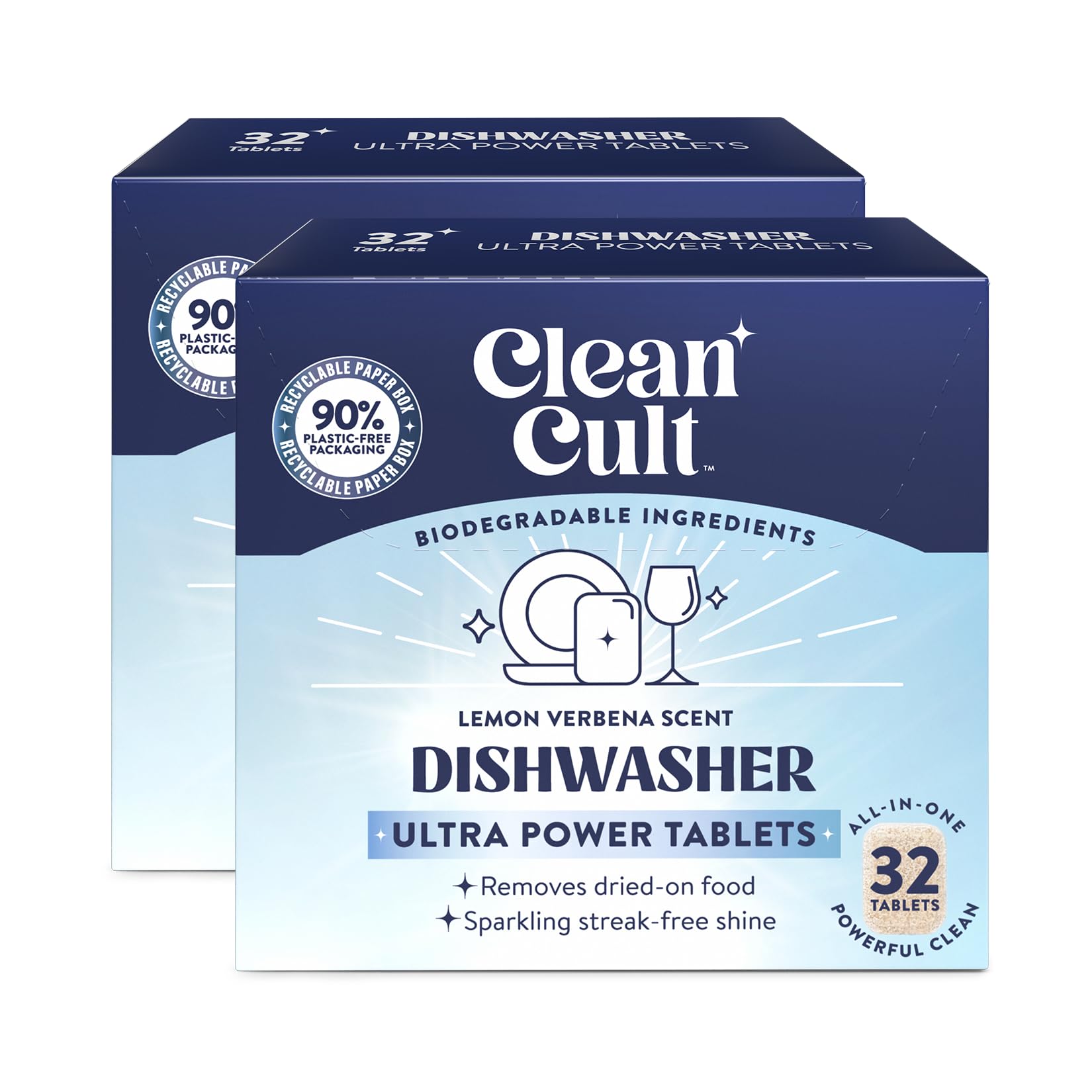 Cleancult Ultra Power Dishwasher Detergent Pods for Sparkling Streak-Free Shine, All-In-One, No Plastic Waste, 64 Count