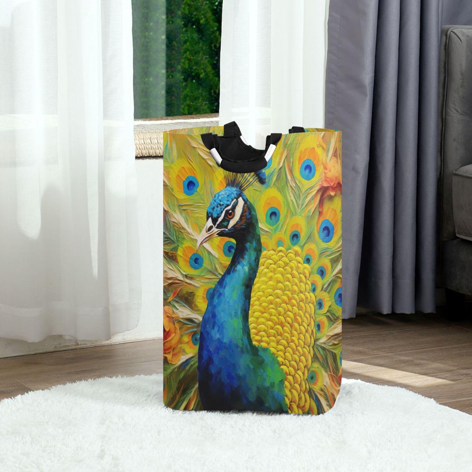 Jihqo Laundry Hamper Basket Peacock Painting Collapsible Nursery Storage Bin Waterproof Clothing Baskets for Home Bedroom Bathroom Washing Room