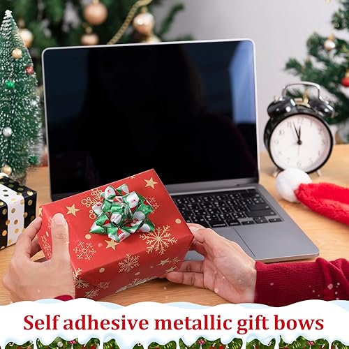 Miniatura 7 de Paquete de 24 lazos de Navidad para envolver regalos, lazos de regalo, varios lazos de Navidad autoadhesivos, lazos de estrella para regalos de