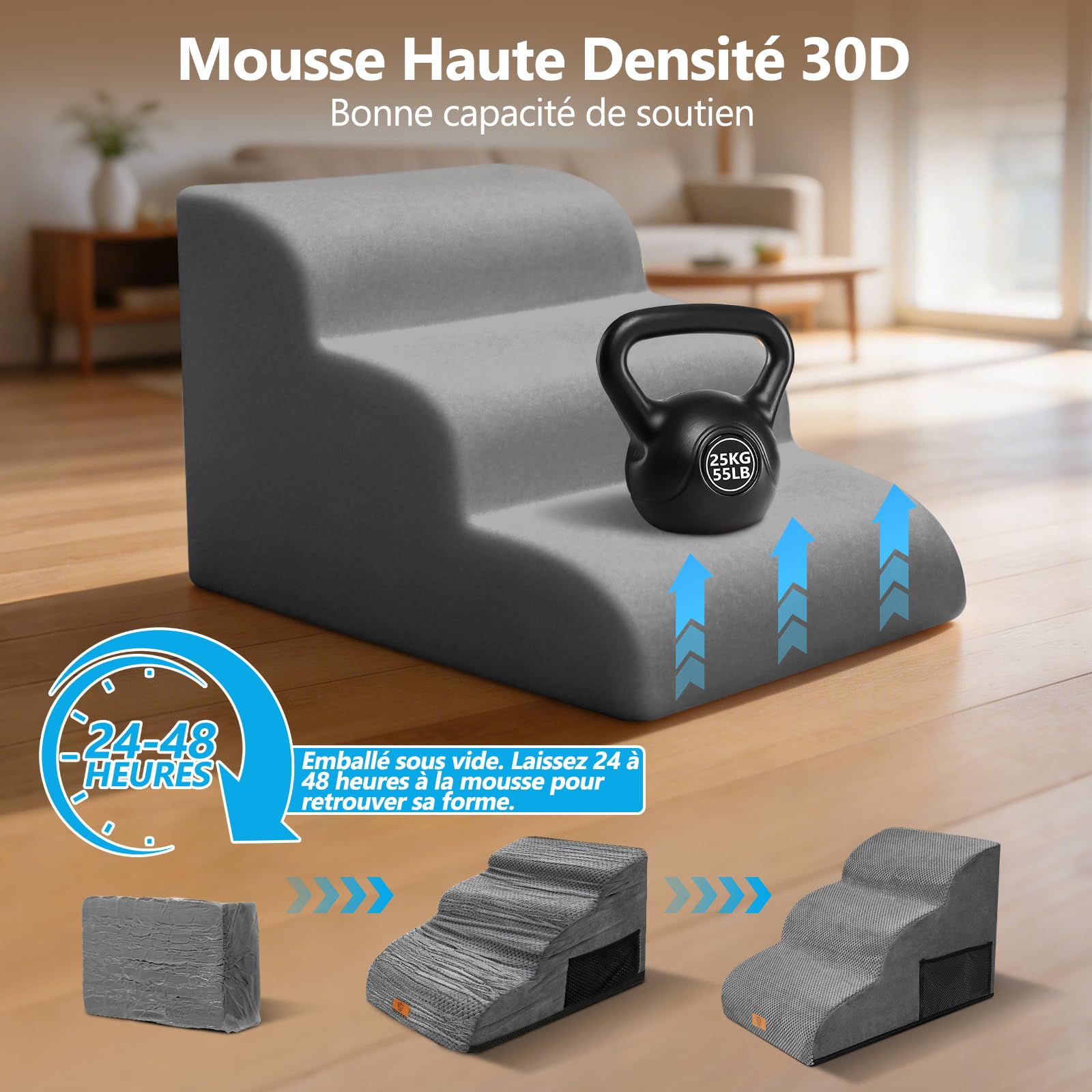 MASTERTOP Escaliers pour Chiens à 3 Marches, Rampe pour Chien Canapé - Gris | Grande Échelle Animaux en Mousse Haute Densité Antidérapante, Housse Amovible - pour Canapé et Lit