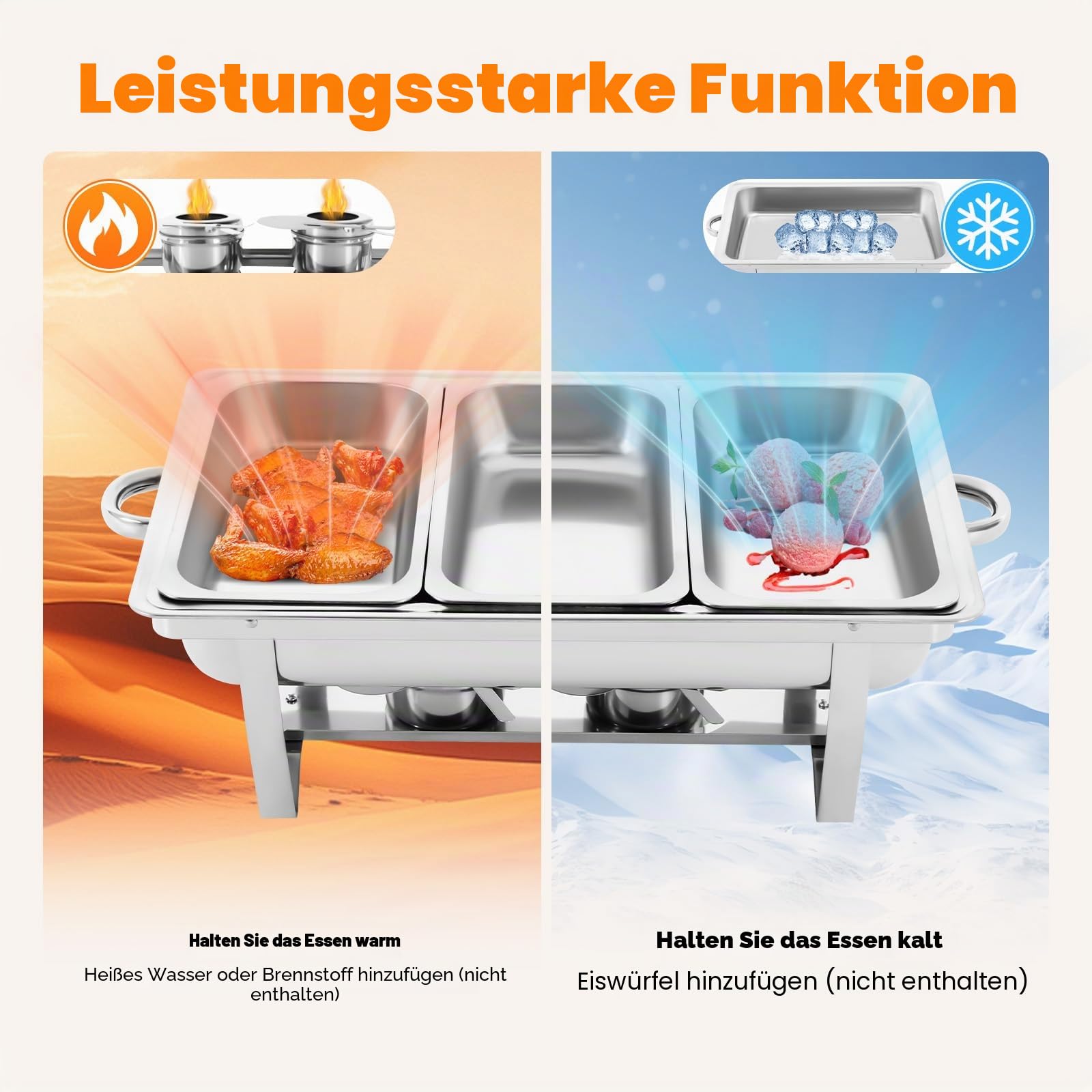 4er-Set Chafing Dish 9L – Edelstahl Warmhaltebehälter 1/2 GN, Mit Brennstoffhalter, Für Buffet & Party