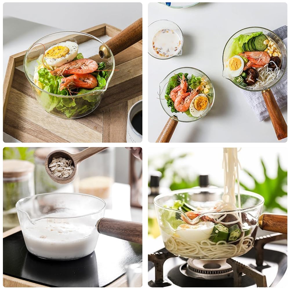 Mini Rondelek, Szklany Garnek Do Mleka O Pojemności 400/600 Ml Nieprzywierający Podgrzewacz Do Masła Z Dziobkami Mały Tygiel Z Drewnianą Rączką(400ML)