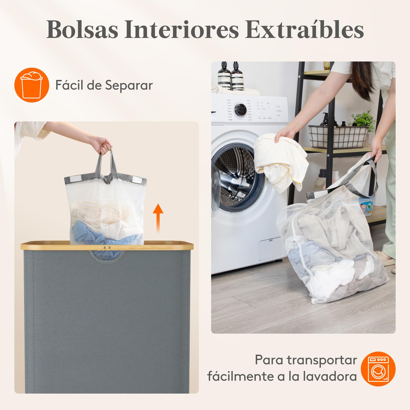Lifewit 170L Cesto Ropa Sucia con Tapa, Grande Cesta para la Ropa Sucia con 3 Compartimientos y 3 Bolsas, Cubo Ropa Sucia para Dormitorio, Baño y Lavadero, Gris Claro