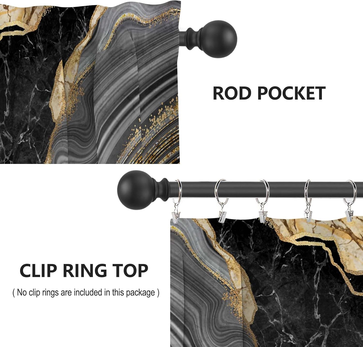 Marble Black Kitchen Curtain Valance and Tiers, 3Pcs Marble Abstract Art Valance Set Gold Rod Pocket Curtain for Kitchen Window Modern Unique Patterns