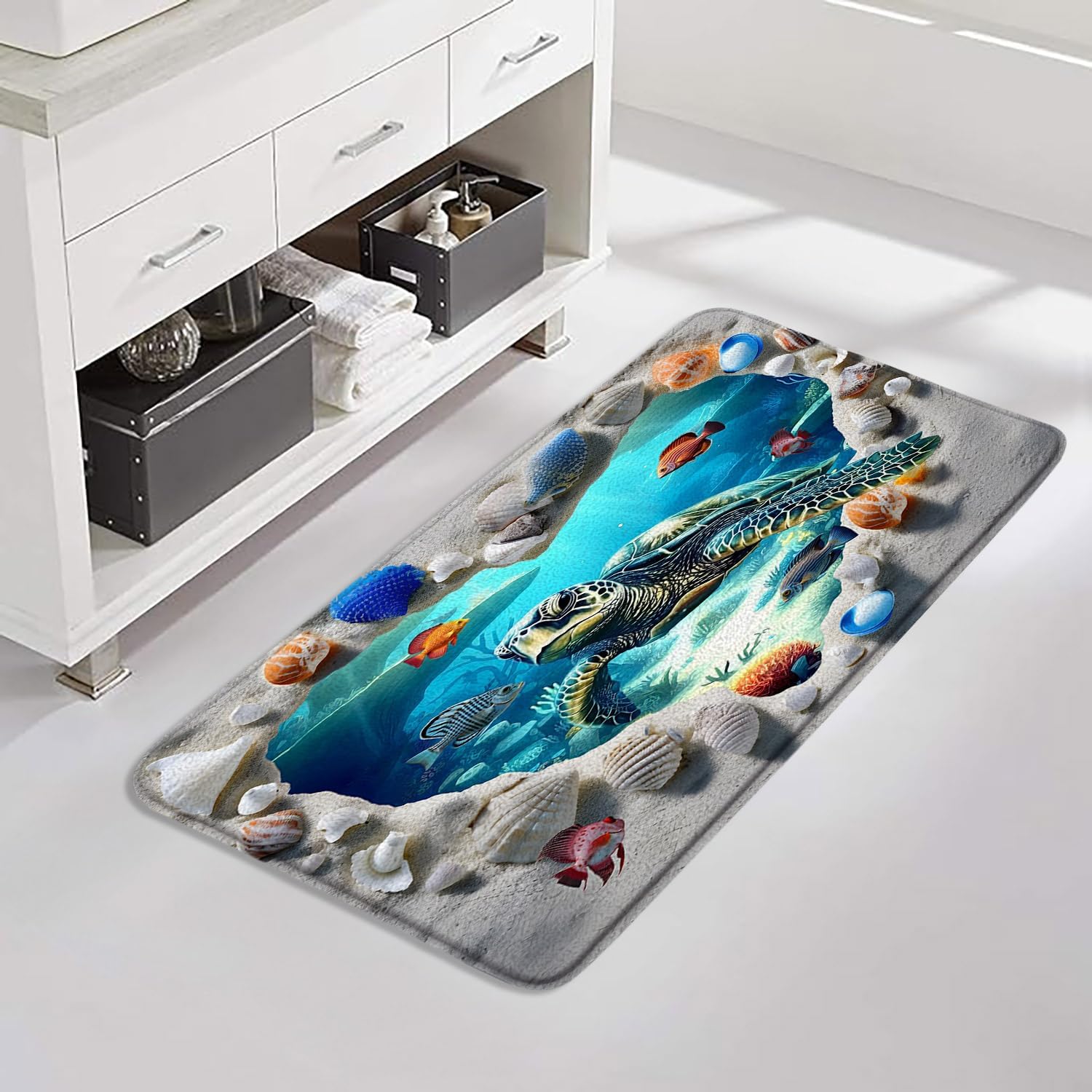 Sea Turtle Bath Mat Bathroom Rug, Ocean Beach Shell Underwater World Tropical Fish Summer Memory Foam Bathroom Kitchen Bedroom Livingroom Soft Floor Rug, 24"x47"