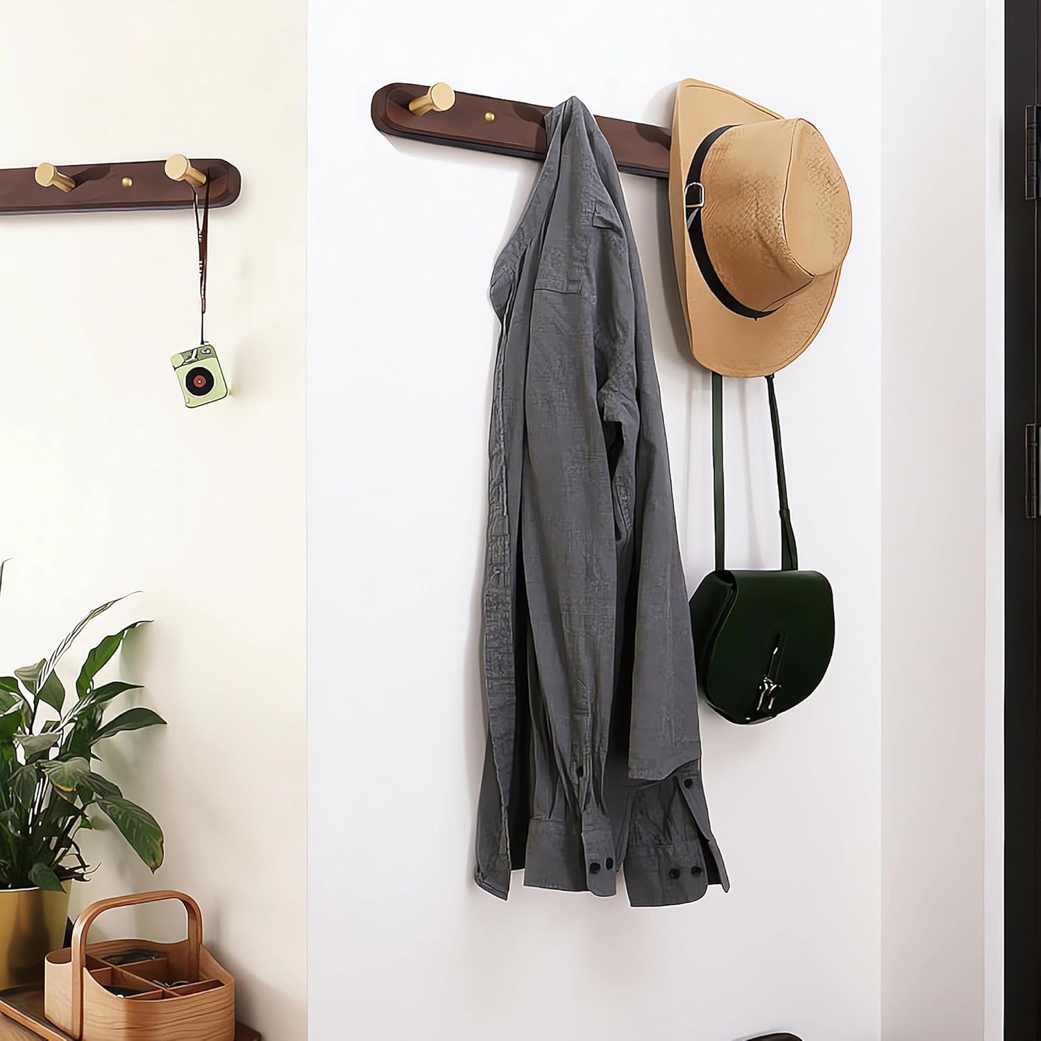 Wall Mounted Coat Rack, Entryway Hanging Rack, Metal Wood Coat Rail with 4 Rustic Hooks for Scarf, Bag, Towel, Key, Cup, Hat - Walnut Gold Matt