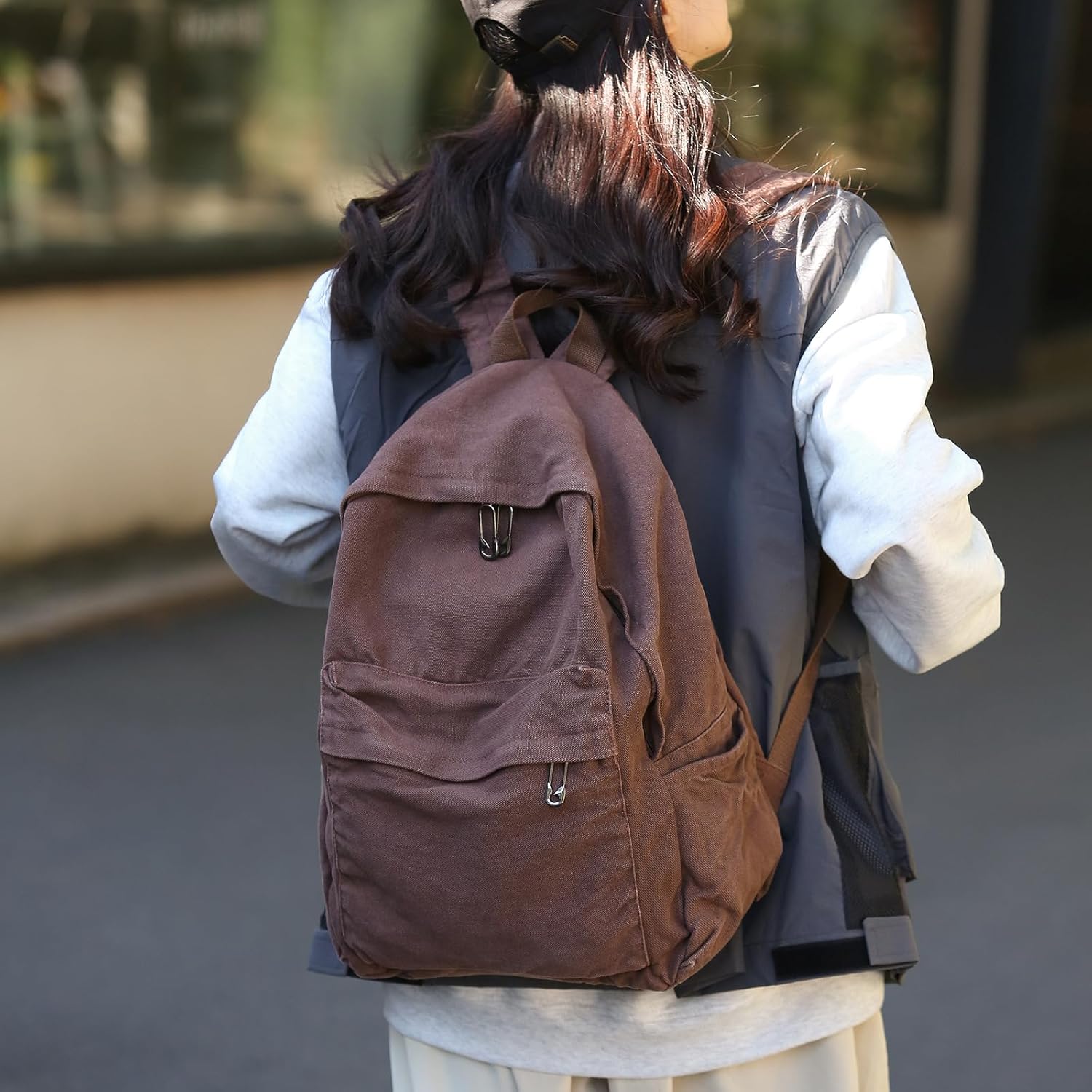 Vintage Canvas Backpack for Women - Grunge Hippie Cute Boho School Backpack - Casual Y2K Aesthetic - Coffee - Image 5