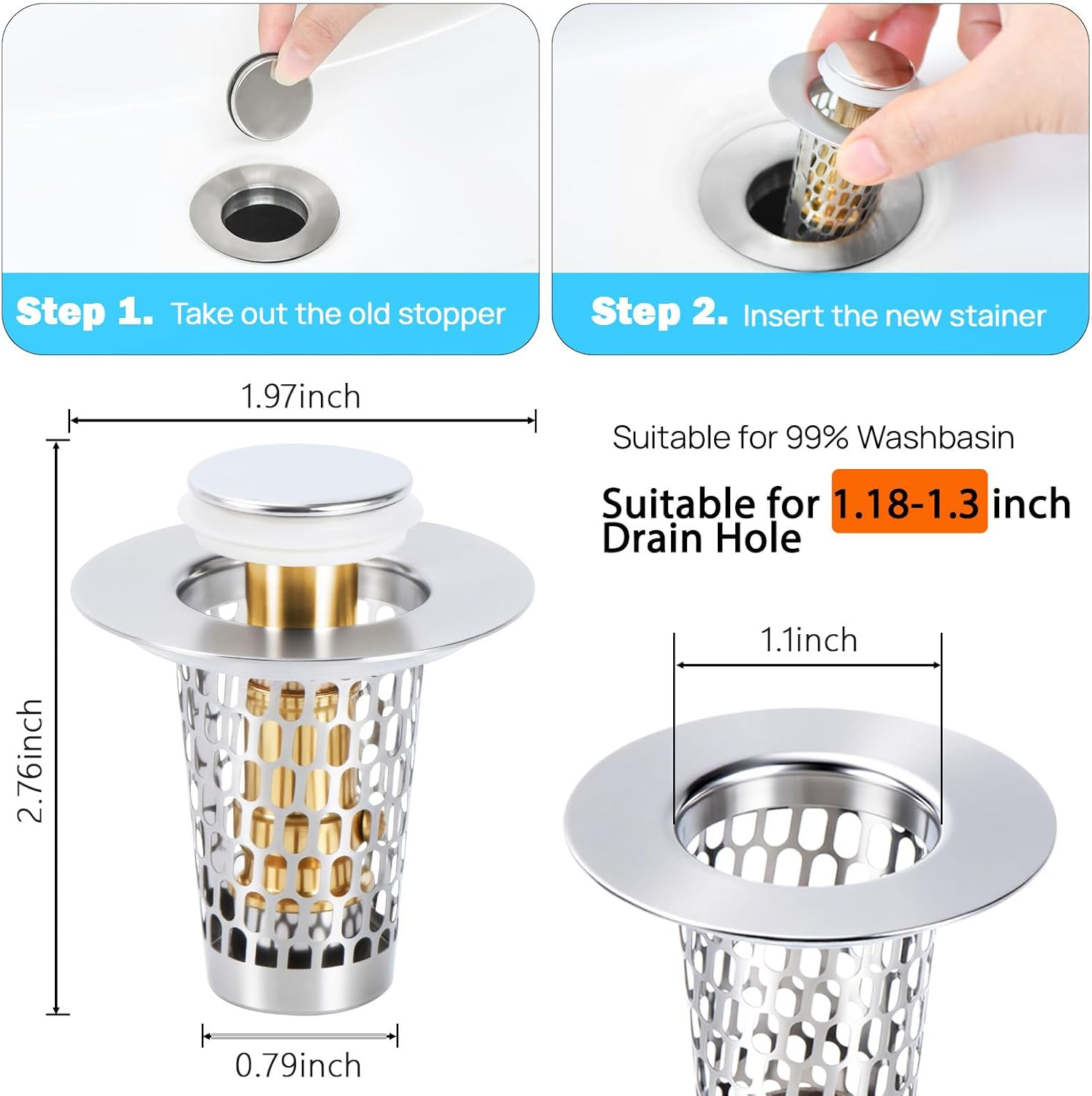 Bathroom Sink Drain Stoppers with Hair Catcher for 1.15-1.3 in,Universal Pop Up Filter Stainless Steel Sink Drain Stopper Anteecana