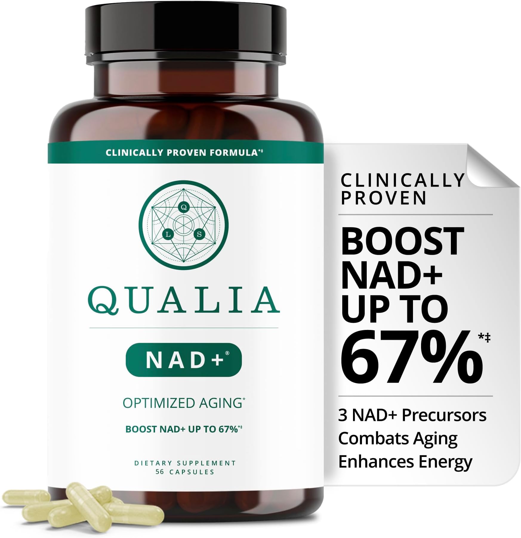 Qualia NAD Supplement — Clinically Proven to Boost NAD+ up to 67%. Optimized Aging, Energy, Focus. Elite NAD+ Booster Ingredients Nicotinamide Riboside (NIAGEN), Niacin, Niacinamide (1 Month Supply)