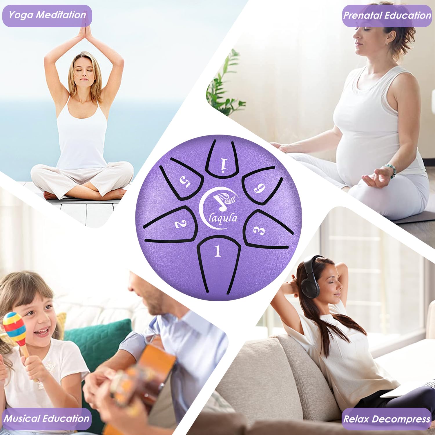 Tambour en Acier Langue 6 Pouces 8 Notes Tambour à Main Tambour à Disque Percussions Avec Livre De Musique Baguette Méditation Yoga Divertissement Musique Education Bagage à Main (Violet)