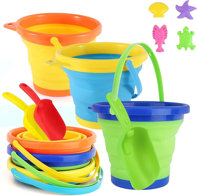 Zooawa Beach Bucket Sand Toy for Kids, 10 Pack Kids Foldable Sand Bucket, Collapsible Beach