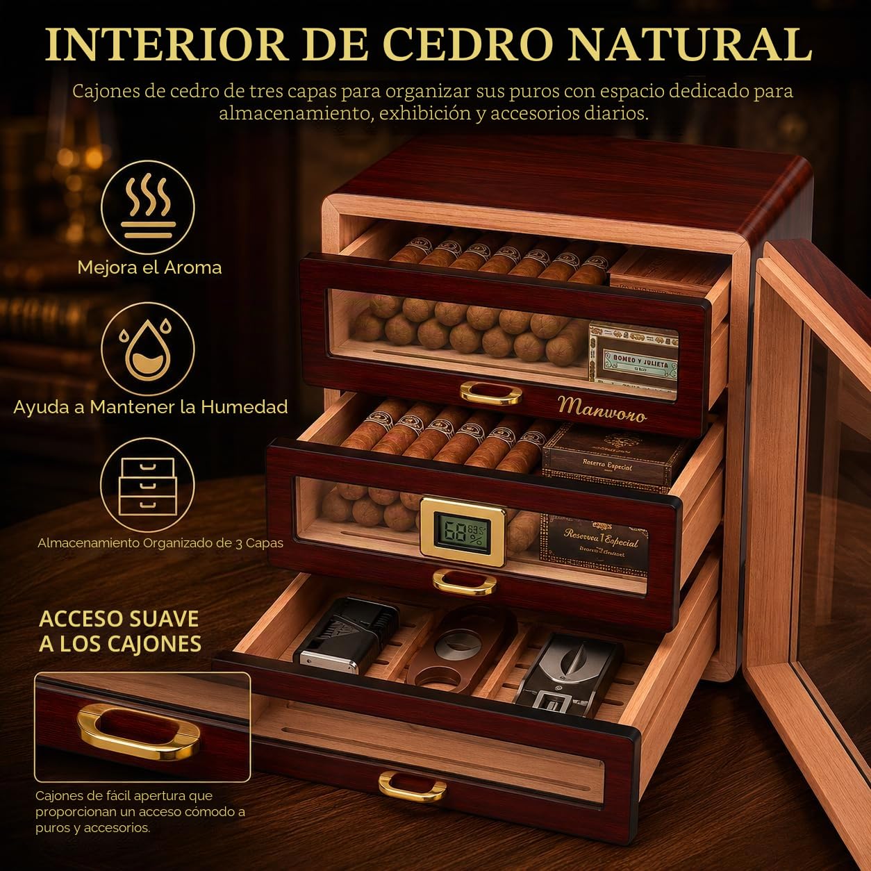 Armario Humidor para 150 Puros, Higrómetro Digital, Ébano
