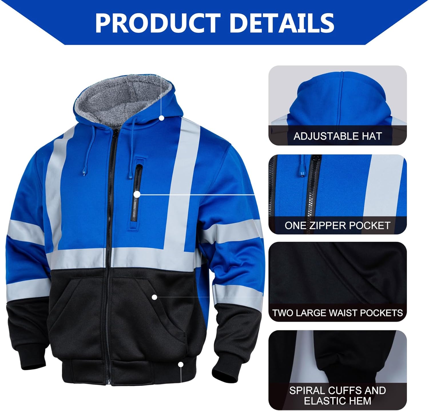 FONIRRA Men‘s Hi Vis Hoodie Reflective ANSI Class 3 Wool Fleece Safety Sweatshirts High Visibility Zipper Jacket - Image 5