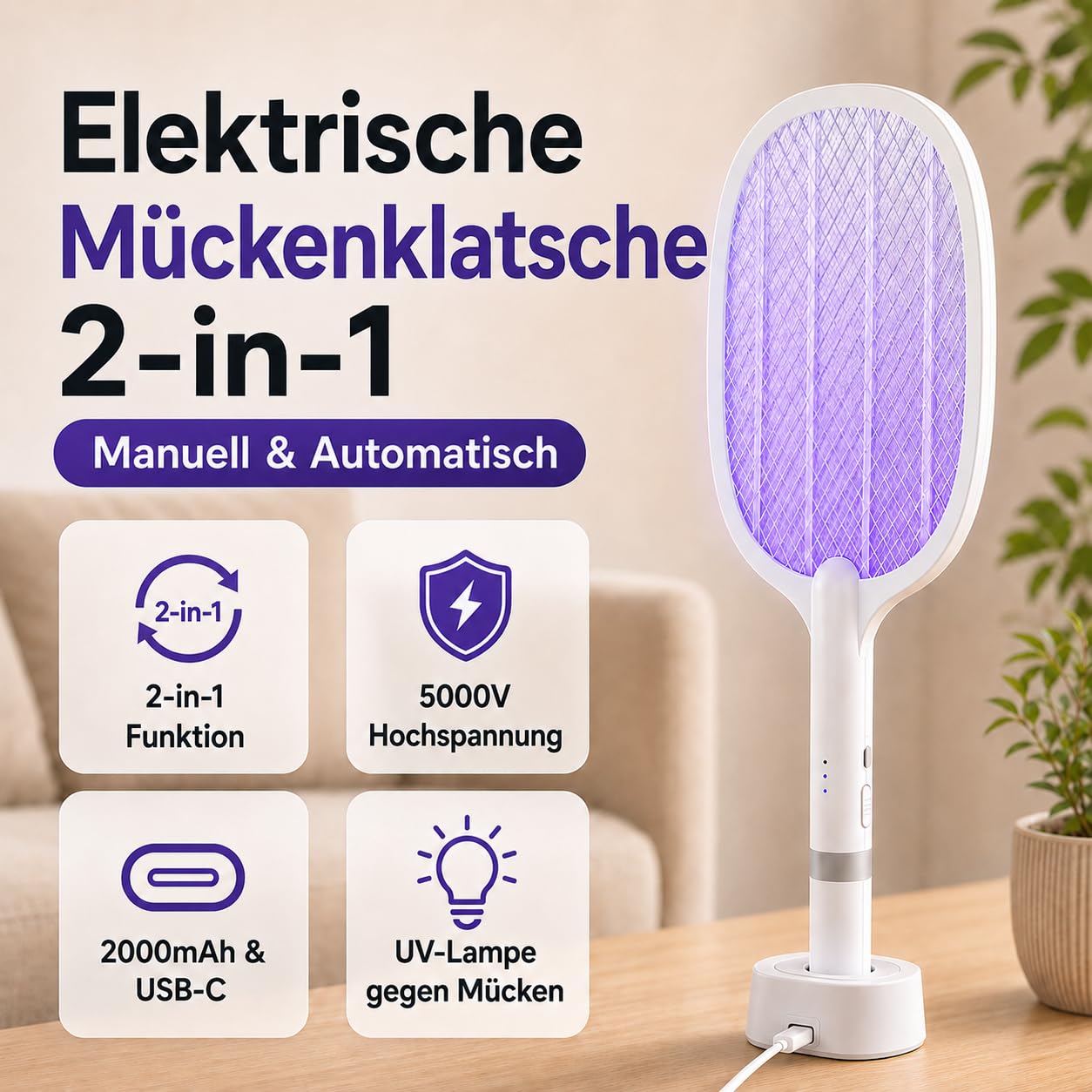 Raquette Electrique Insectes 5000V 2000mAh Anti Moustique UV USB-C Rechargeable 2 en 1 Intérieur Extérieur