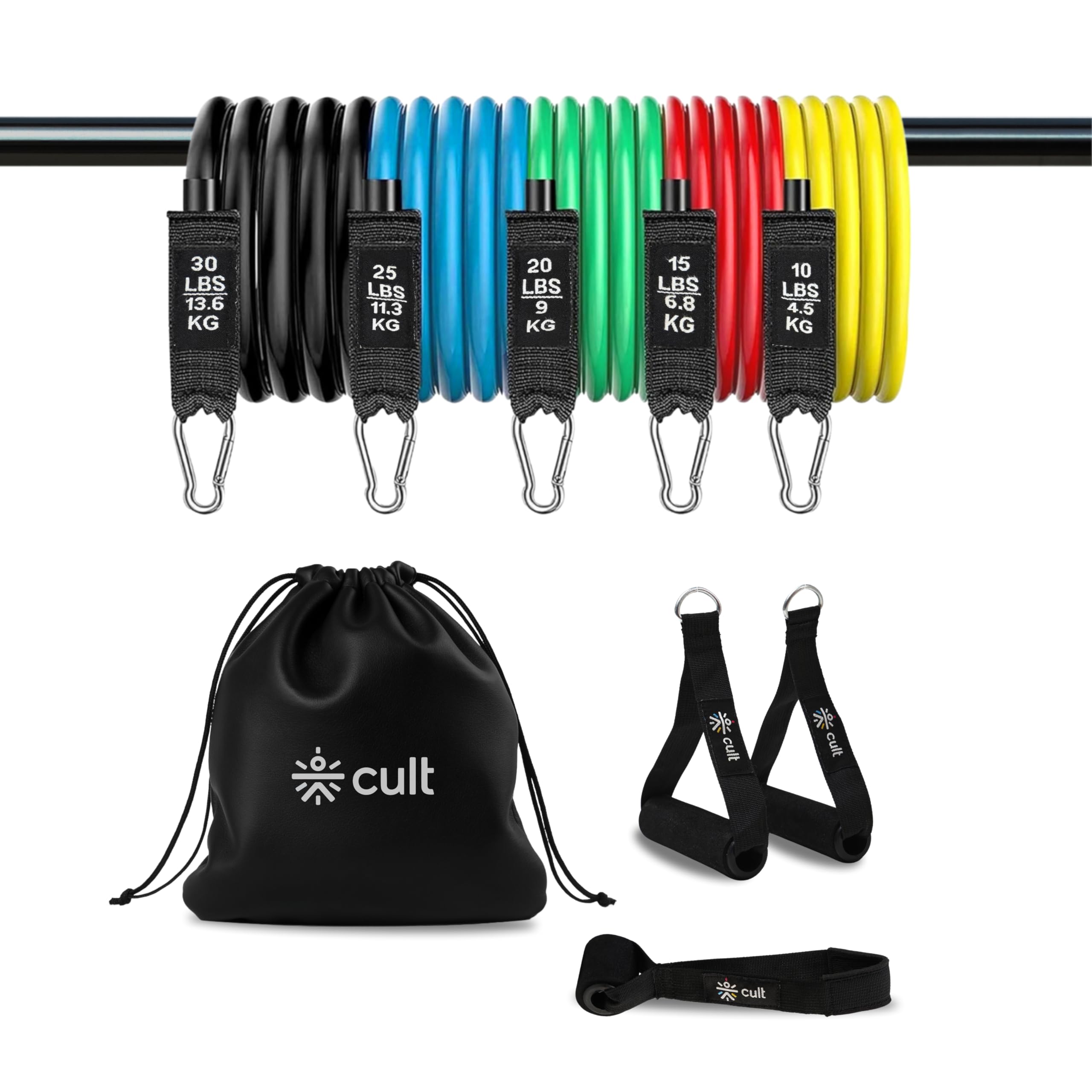 Cult Resistance Band Set of 11 with Handles, Portable Toning Tubes with Door Anchor & Foam Handles. Resistance Tube Kit with Bag and Ankle Straps Included