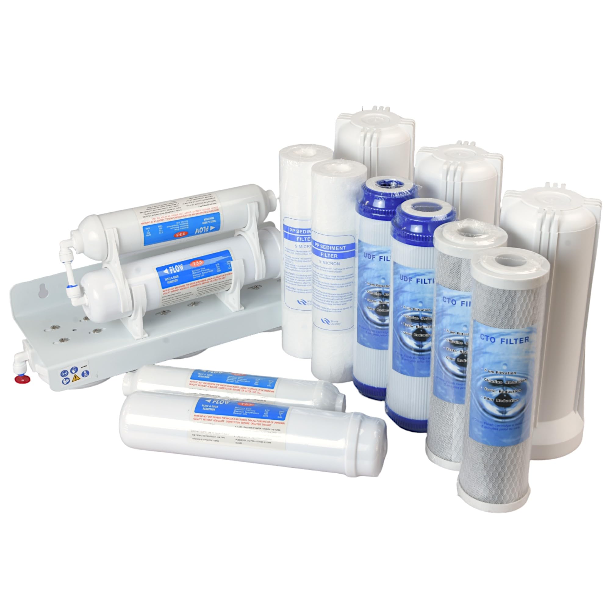 Purificador de agua de 5 etapas, filtro debajo del fregadero, filtración, sistema con grifo, accesorios de montaje de carbono activo y asientos + kit de cartuchos de repuesto 5 elementos filtros