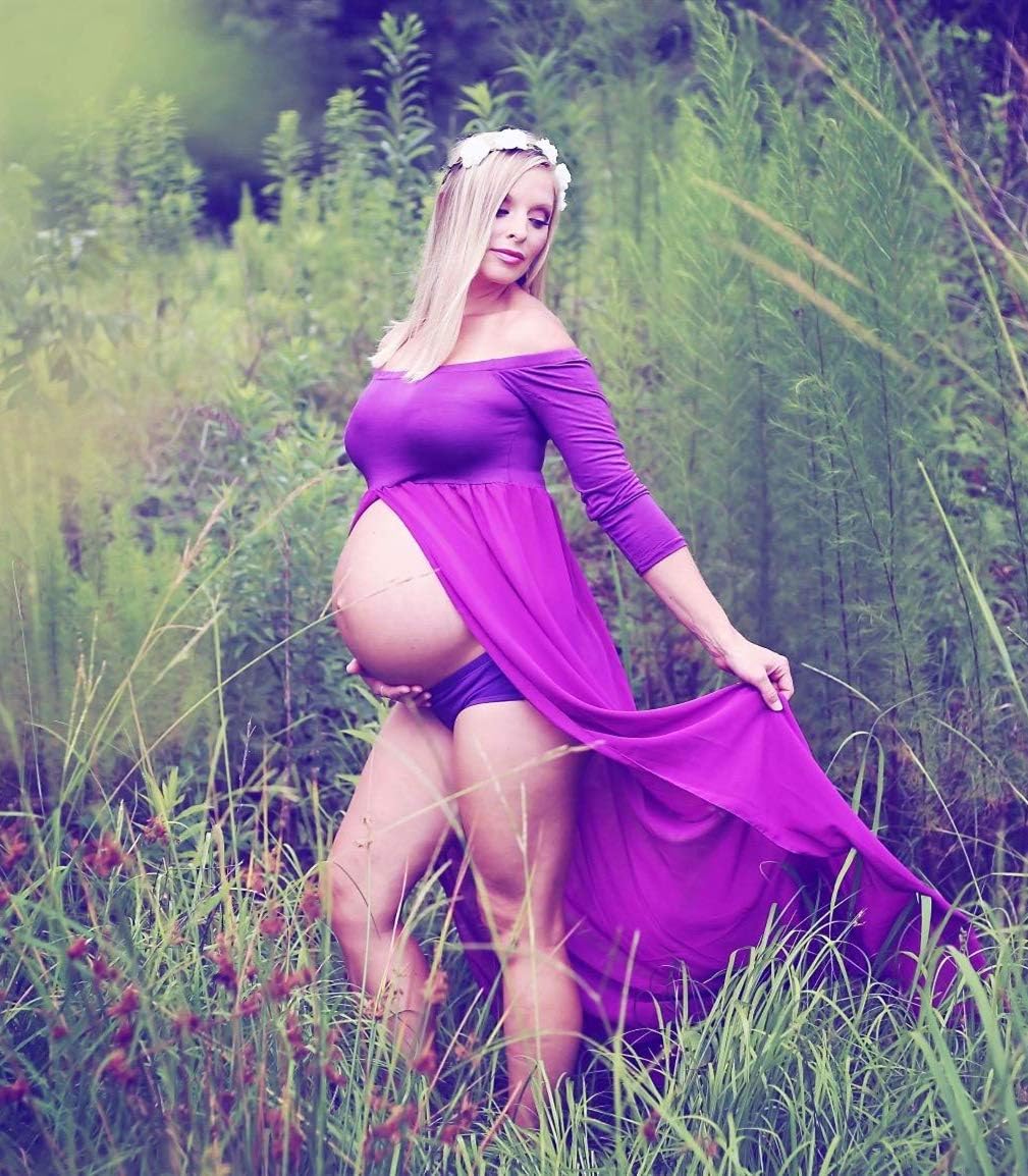 ZIUMUDY Maternity Maxi Chiffon Photography Dress Split Front Gown for Photoshoot - Image 5