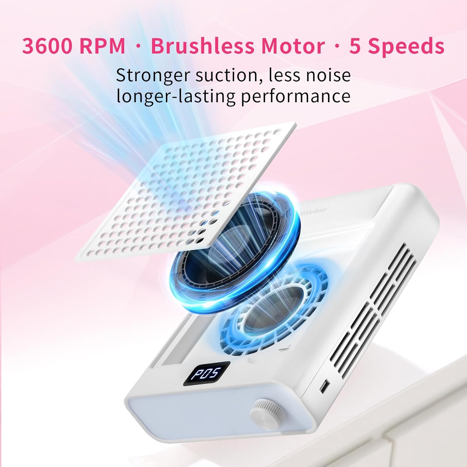Missshine Nail Dust Collector with Arm Support – Quiet Suction, 5-Speed Adjustable Vacuum with Flexible Stand for Professional Nail Art
