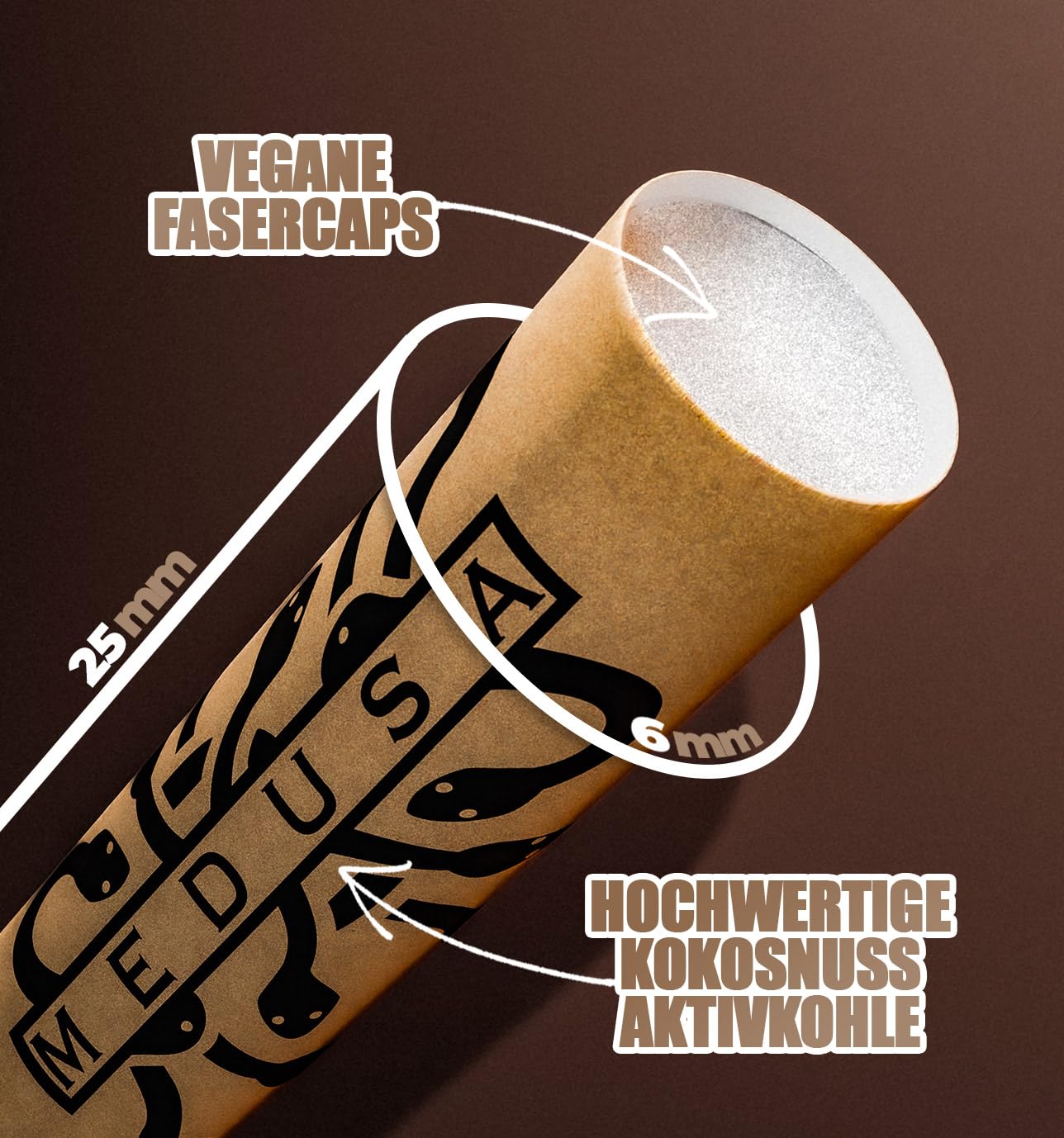 Medusafilters 1000 Stück 6mm Ø Slim Premium Aktivkohlefilter mit veganen Fasercaps & Kokos Aktivkohle | Filter mit 25mm Länge made in Germany (ORGANIC EDITION)