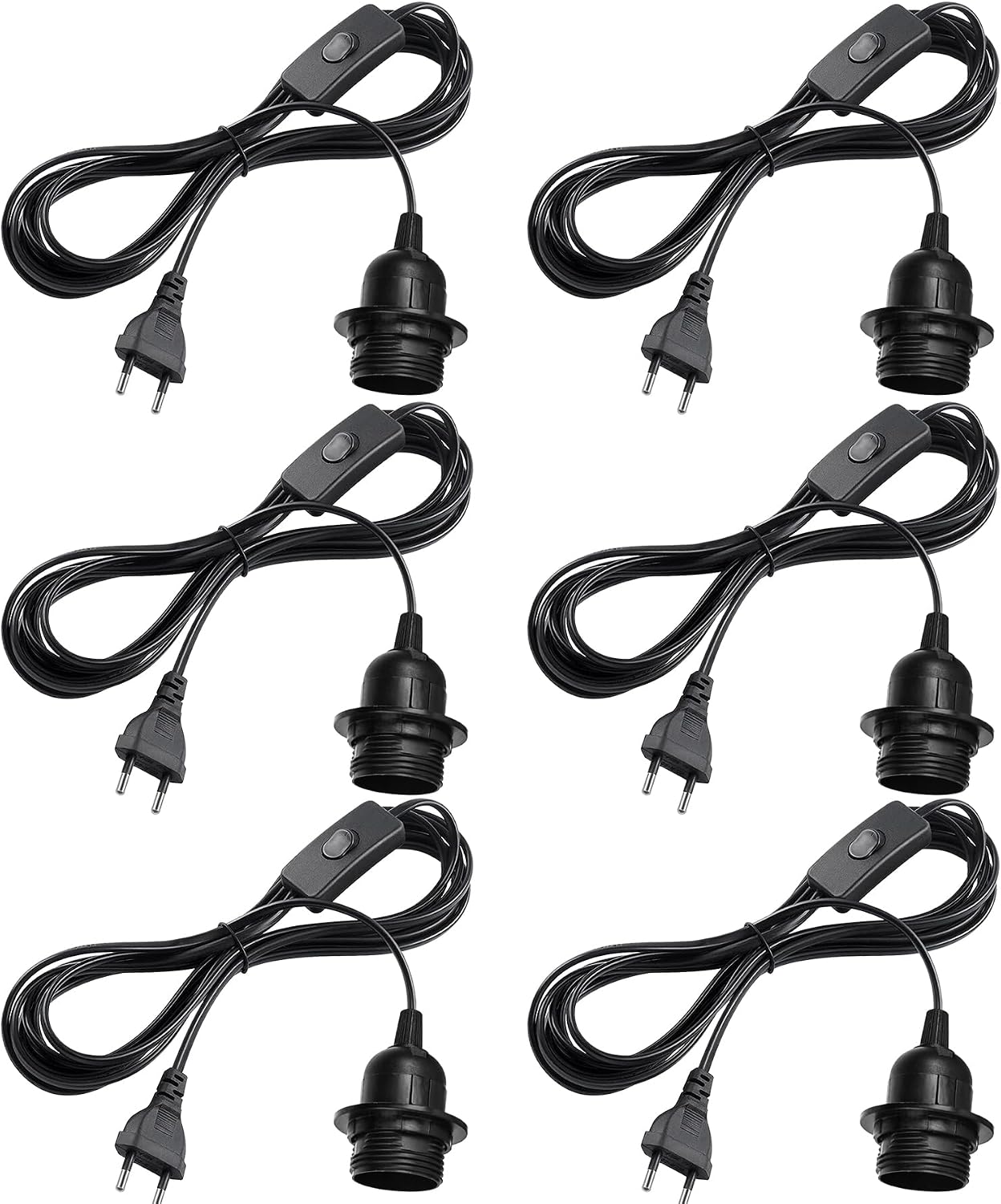 BORDEAG E27 Lamp Socket with Switch Pack of 6 E27 Socket with 3.5 m Cable Screw Ring Lamp Socket Lamp Cable with Plug Suitable for Lamp Hanging Pendant Light Dining Room Balcony Bedroom [Energy Class A]