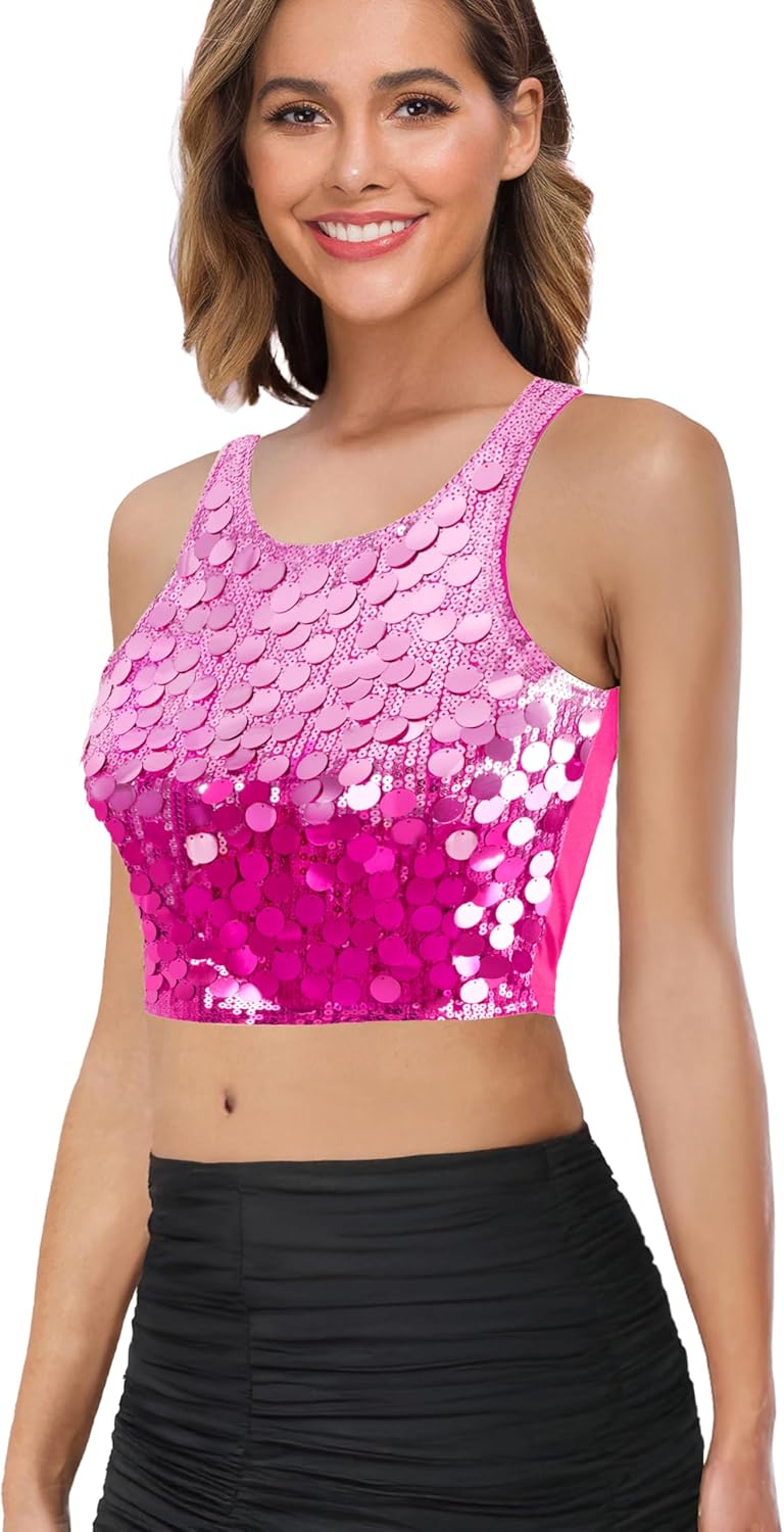 MANER Women's Contrast Sequin Crop Top Sparkle Club Tank Sleeveless Night Out Party Tops - Image 3