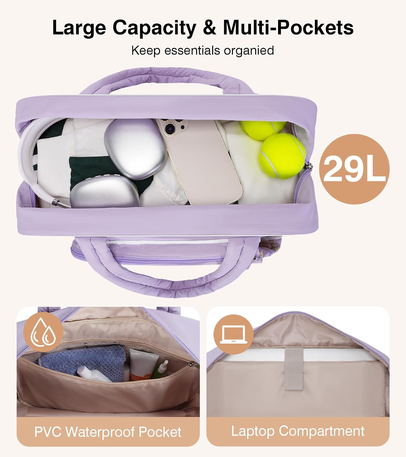 Marvolia Tennis Gym Bag for Women, Tennis Racket Bag Fits 2 Rackets for Pickleball Badminton, Travel Overnight Weekend Bag with Shoe Compartment, Sports Duffle Bag with Wet Pocket