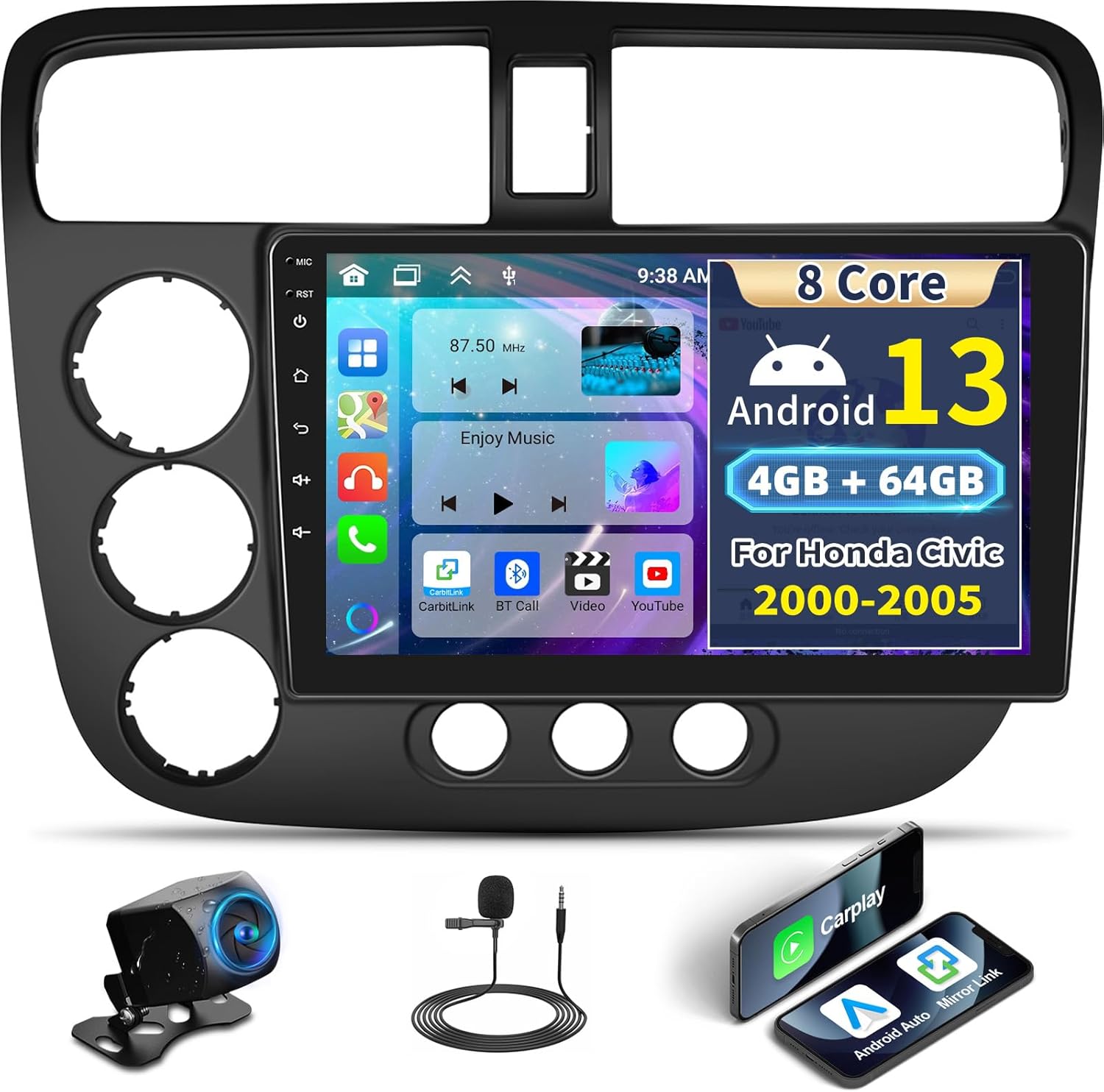 [8 Core 4G+64G] Android 13 Car Stereo for Honda Civic 2001-2005, 9” IPS 1280 * 720 Touchscreen Radio with Wireless Carplay Android Auto,Bluetooth5.0 Mirror Link GPS WiFi,59UI,32EQ DSP SWC Rear Camera
